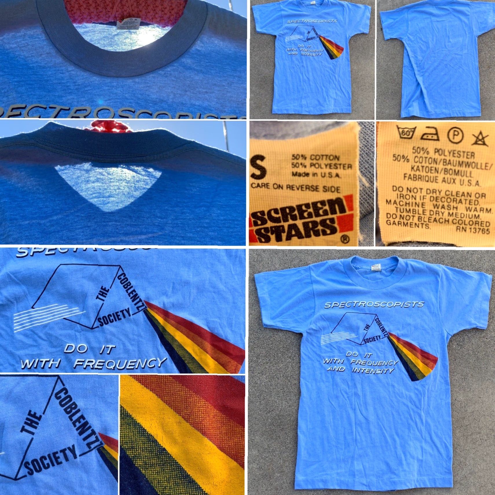 Vintage VINTAGE Spectroscopists Do It With Frequency Coblentz Society T-Shirt Rainbow S Shirt Unisex Small Blue 1980s Graphic Tee Mens Womens Boys Girls Size US S / EU 44-46 / 1 - 2 Thumbnail