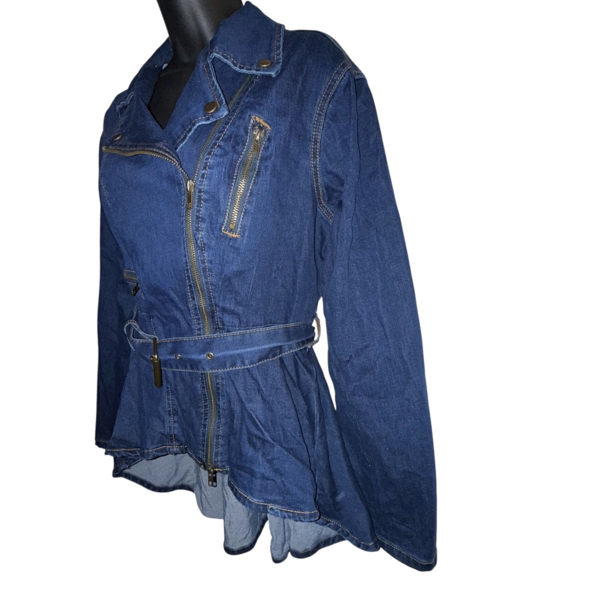 Venus Venus dark wash high low flounce hem denim biker jacket Size M / US 6-8 / IT 42-44 - 4 Thumbnail
