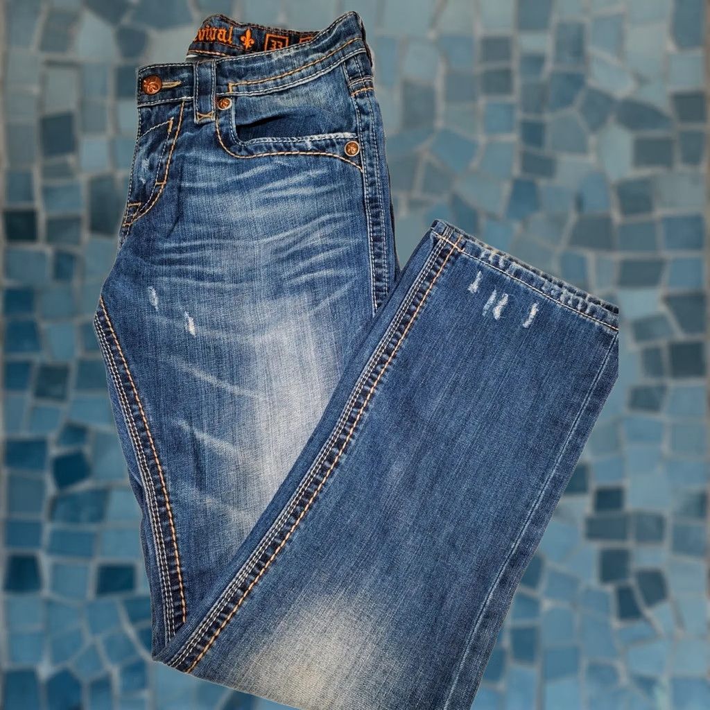 Vintage Rock Revival Xavier Straight Jeans Blue Distressed Embroidered Button Pockets Men's 33 Jeans Size US 33 - 1 Thumbnail