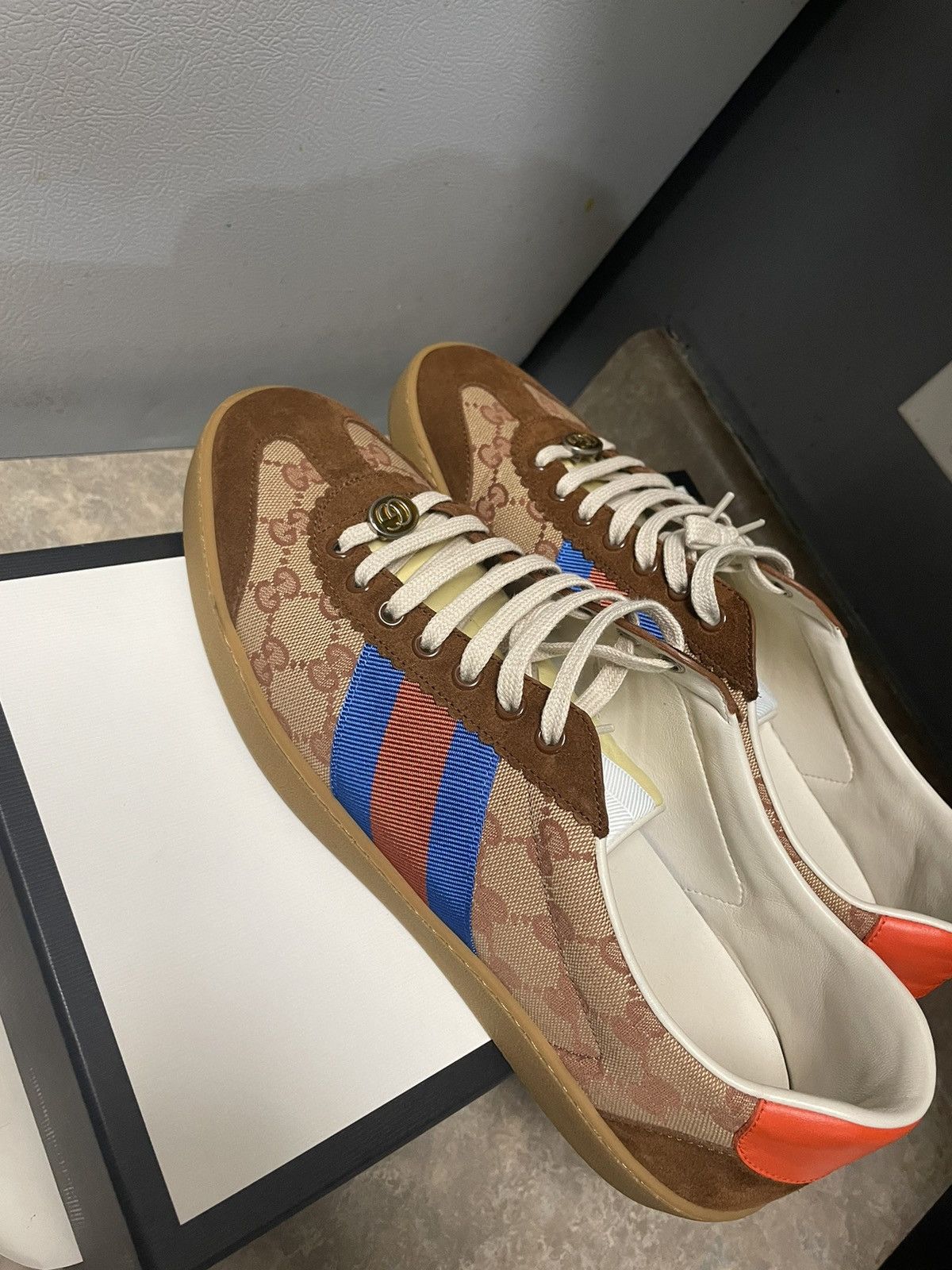 グッチ Gucci G74 Sneakers GUCCI Calfskin Suede Web Womens G74 Sneakers 39.5 Oatmeal