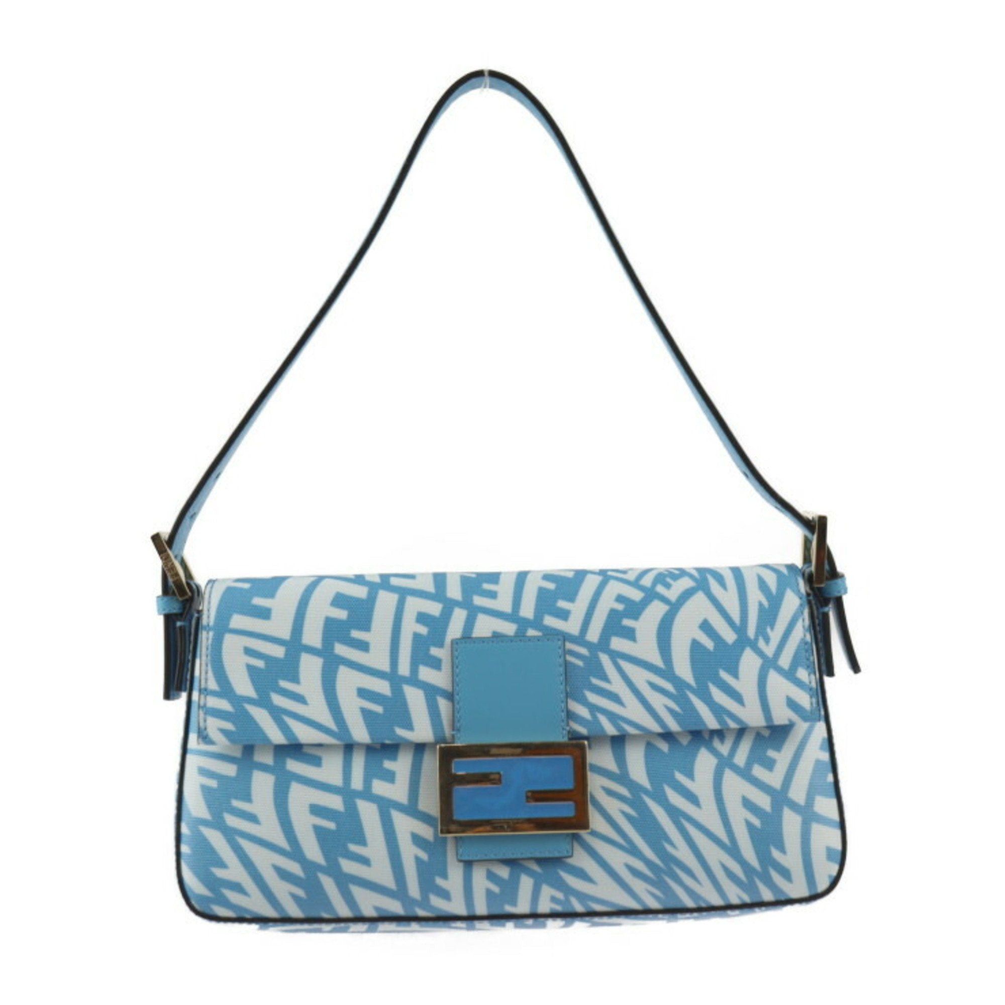 image of Fendi Baguette 1997 Shoulder Bag Handbag 8Br792 Coated Canvas Leather Cyber Blue Gold Hardware One,