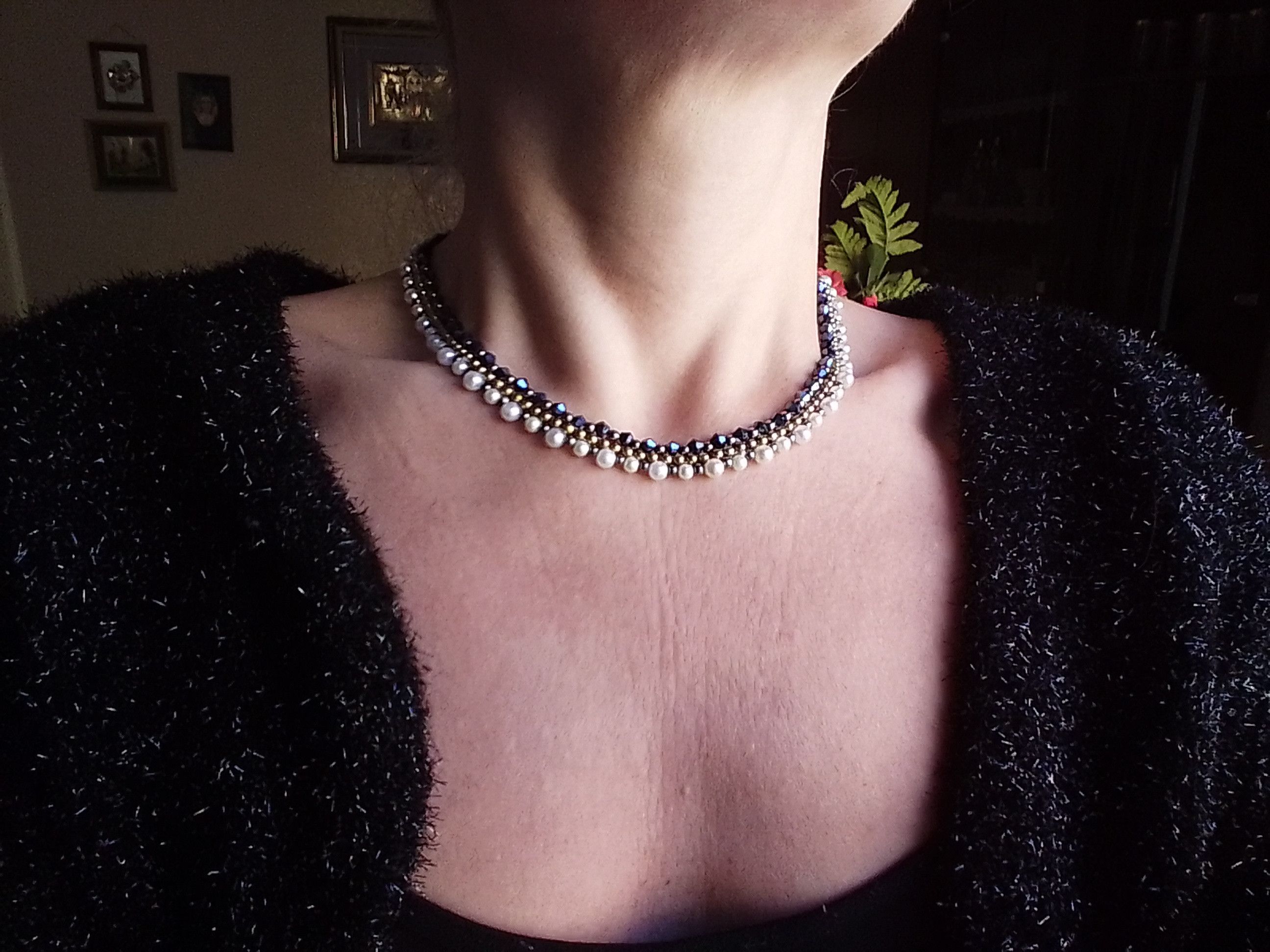 Handmade Necklace. White Pearls dark Blue crystal. Super elegant Size ONE SIZE - 2 Thumbnail