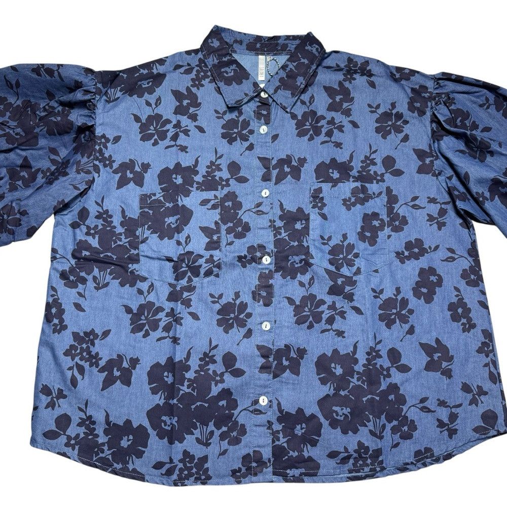 Other NWT New KAKTUS Floral Denim Button Front 3/4 Puff Sleeve Sh Size XXL / US 16-18 / IT 52-54 - 9 Thumbnail