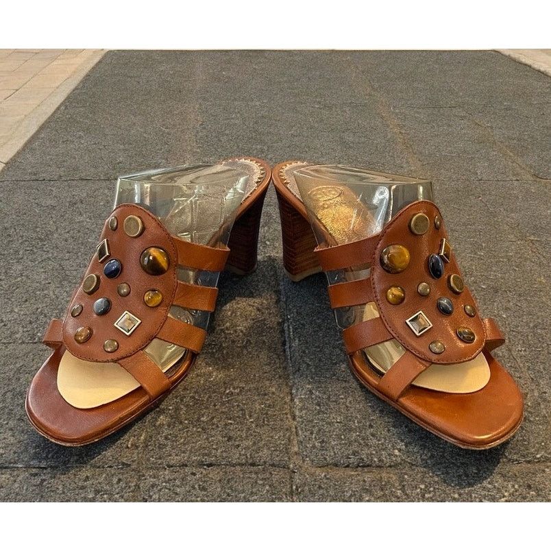 C1Rca Joan David Sandals Heel Shoes Stappy Open Toed Leather Size 6.5 in Brown, Women's