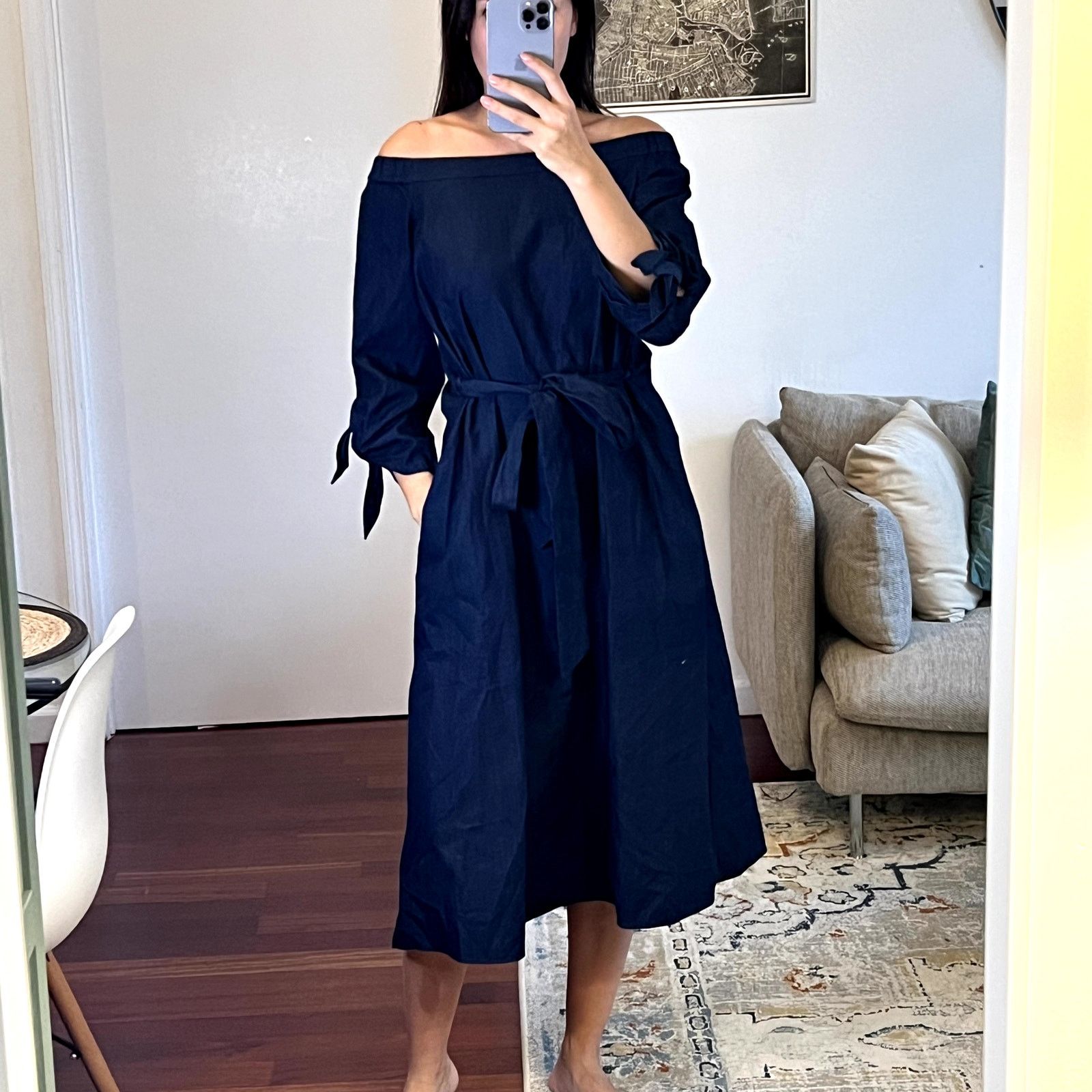 Tibi Tibi Midi Off Shoulder Dress with Belt Blue size 4 Size S / US 4 / IT 40 - 1 Thumbnail