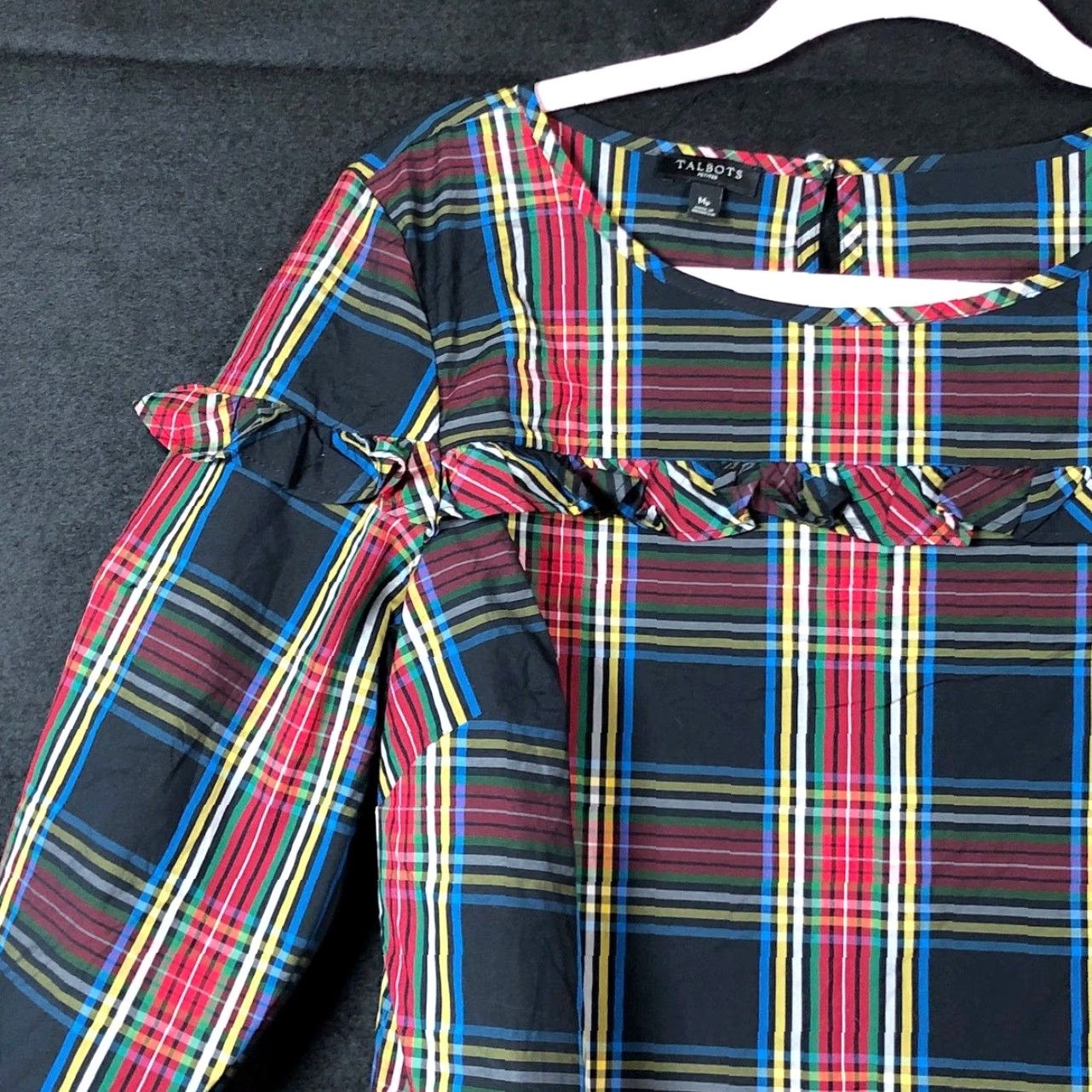 Talbots Talbots Womens Shirt Multicolored Plaid Petite Ruffle 3/4 Sleeve Stretch PM Size M / US 6-8 / IT 42-44 - 4 Thumbnail
