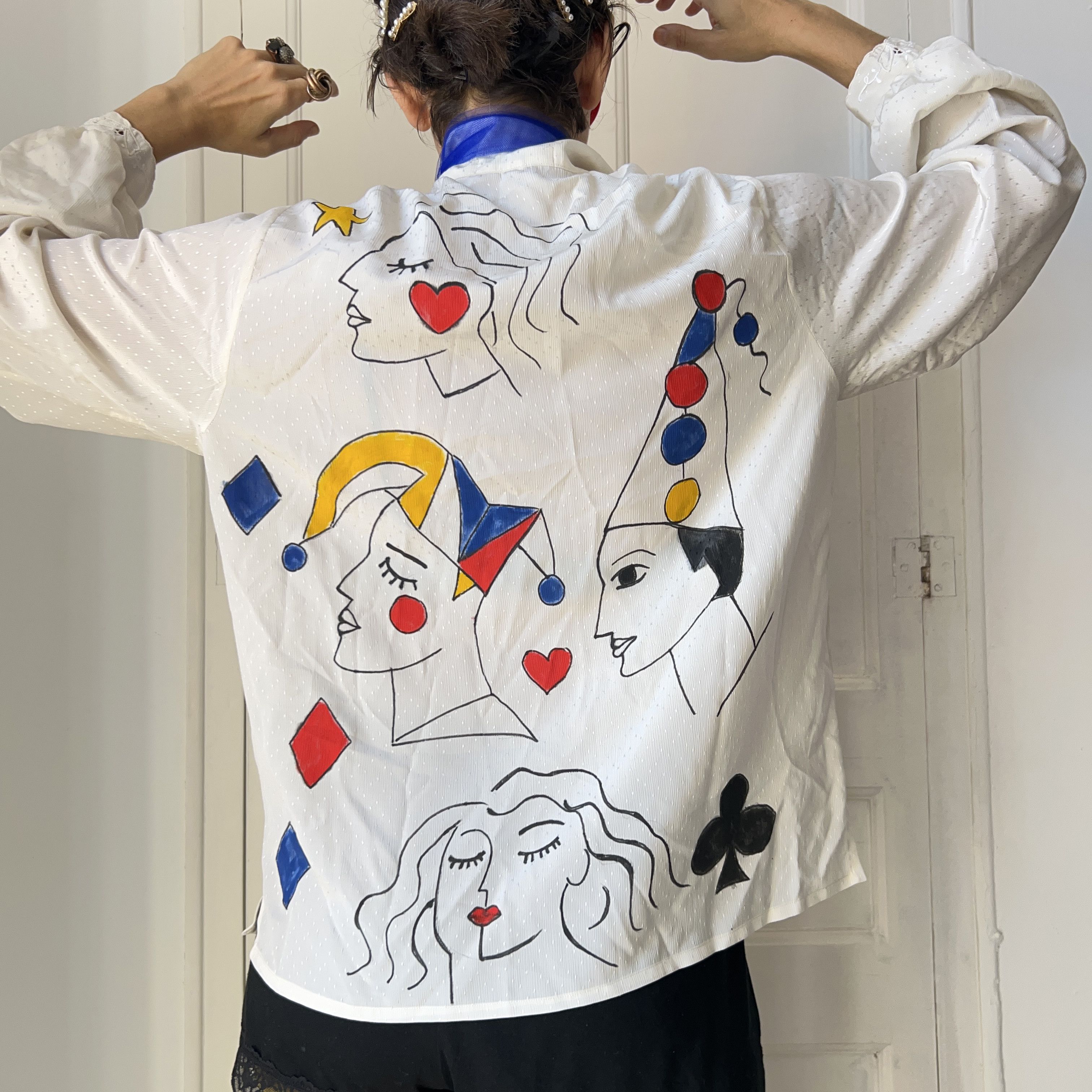 Custommade Hand Painted Vintage Harlequin Circus Blouse Size L / US 10 / IT 46 - 2 Thumbnail