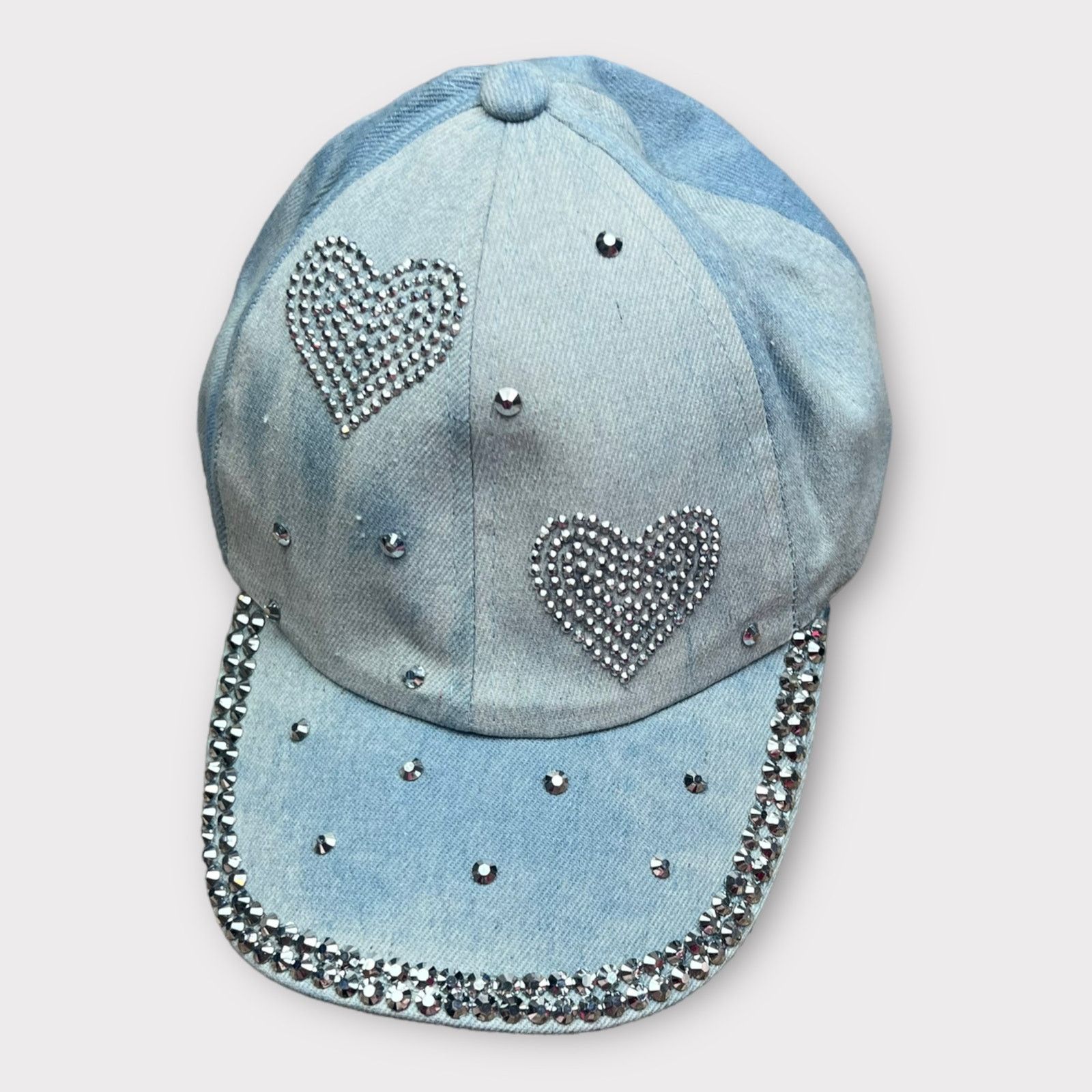 Vintage Baseball Denim Adjustable Cap | Double Rhinestone Hearts Size ONE SIZE - 3 Thumbnail