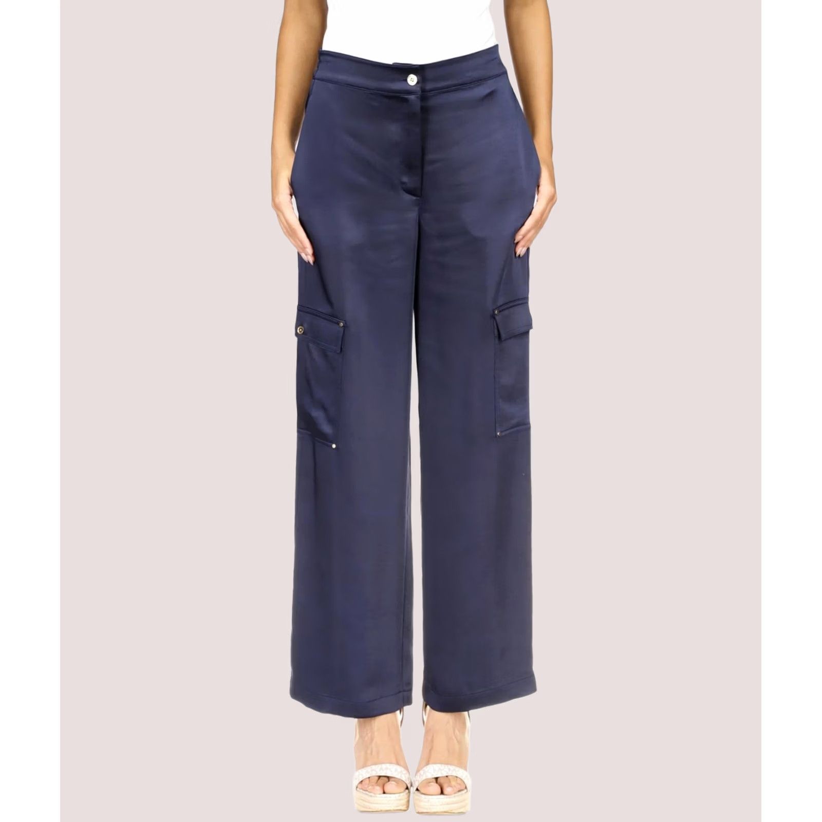 Michael Kors Michael Kors Womens Solid Satin Straight Leg Cargo Casual Pants, darkblue, M Size 32" / US 10 / IT 46 - 1 Thumbnail
