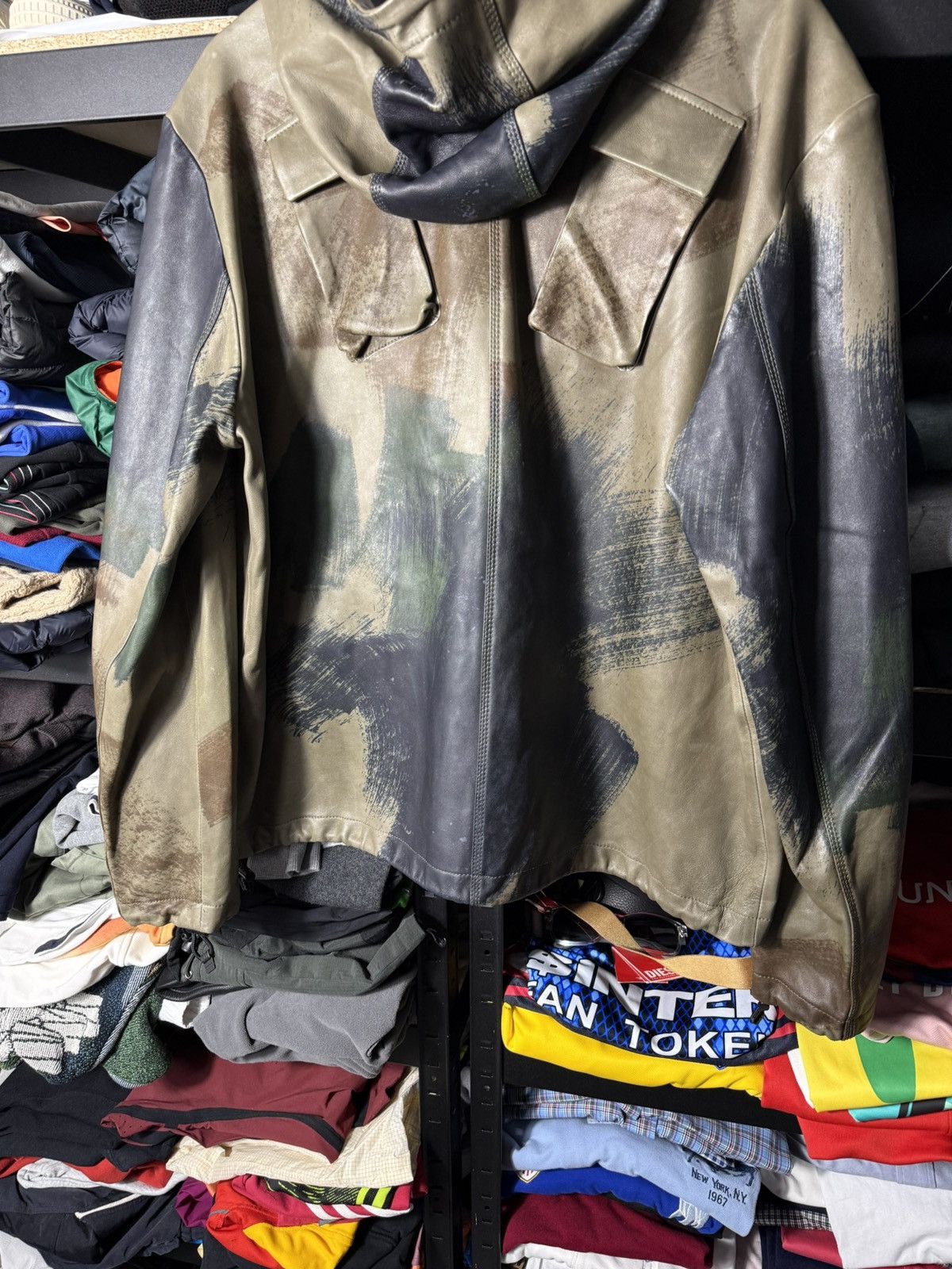 Diesel Diesel Leather Jacket Camo Print Hooded Sheepskin Full Zip Size US XXL / EU 58 / 5 - 11 Thumbnail