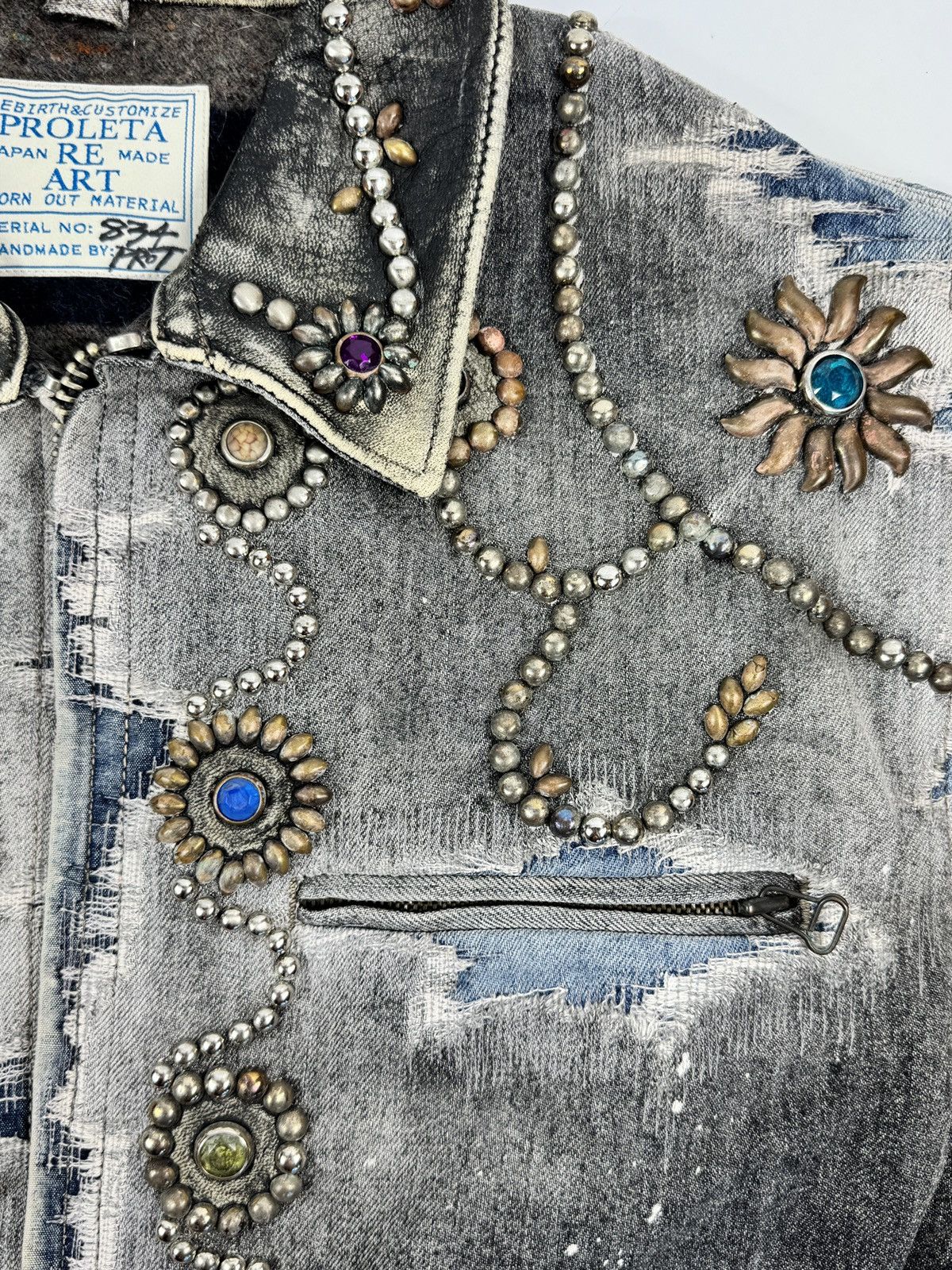 Proleta Re Art EMBELLISHED LEATHER DETAIL HANDMADE 1/1 DENIM JACKET Size US L / EU 52-54 / 3 - 5 Thumbnail