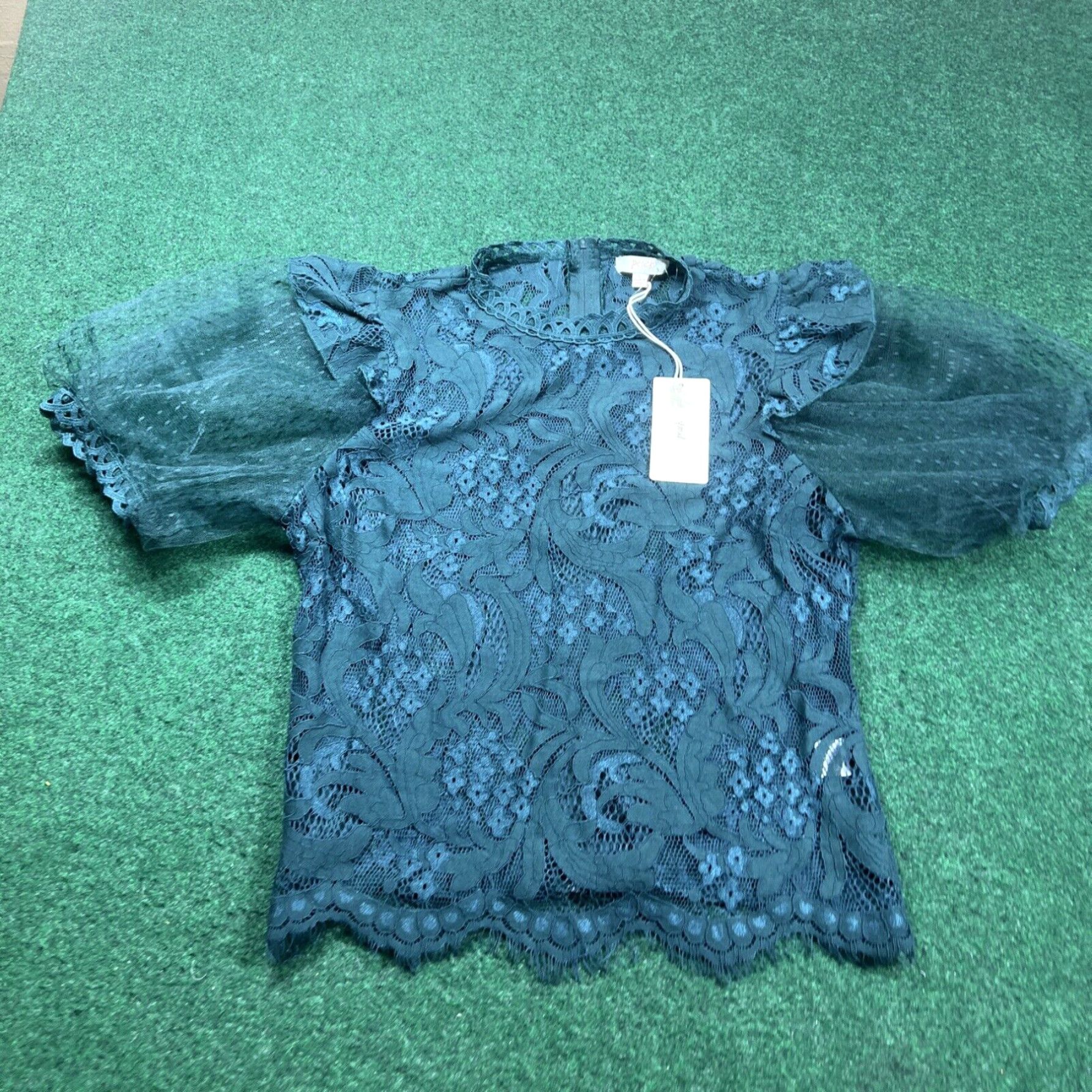 Vintage Peach Brand Green Lace Crochet Top Puff Sleeves New W Tags Sz Large Size L / US 10 / IT 46 - 1 Thumbnail