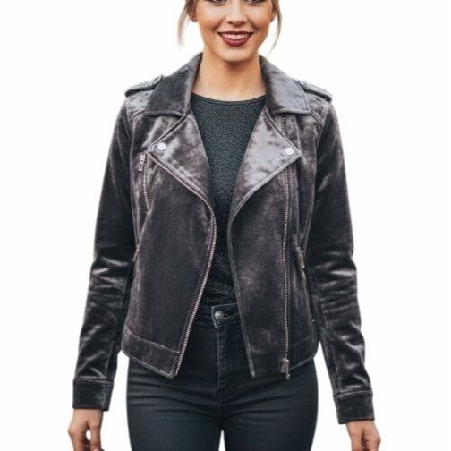 BLANKNYC ❤️BLANKNYC Gray Velvet Moto Jacket Women's S Biker Shinny Si Size S / US 4 / IT 40 - 1 Thumbnail