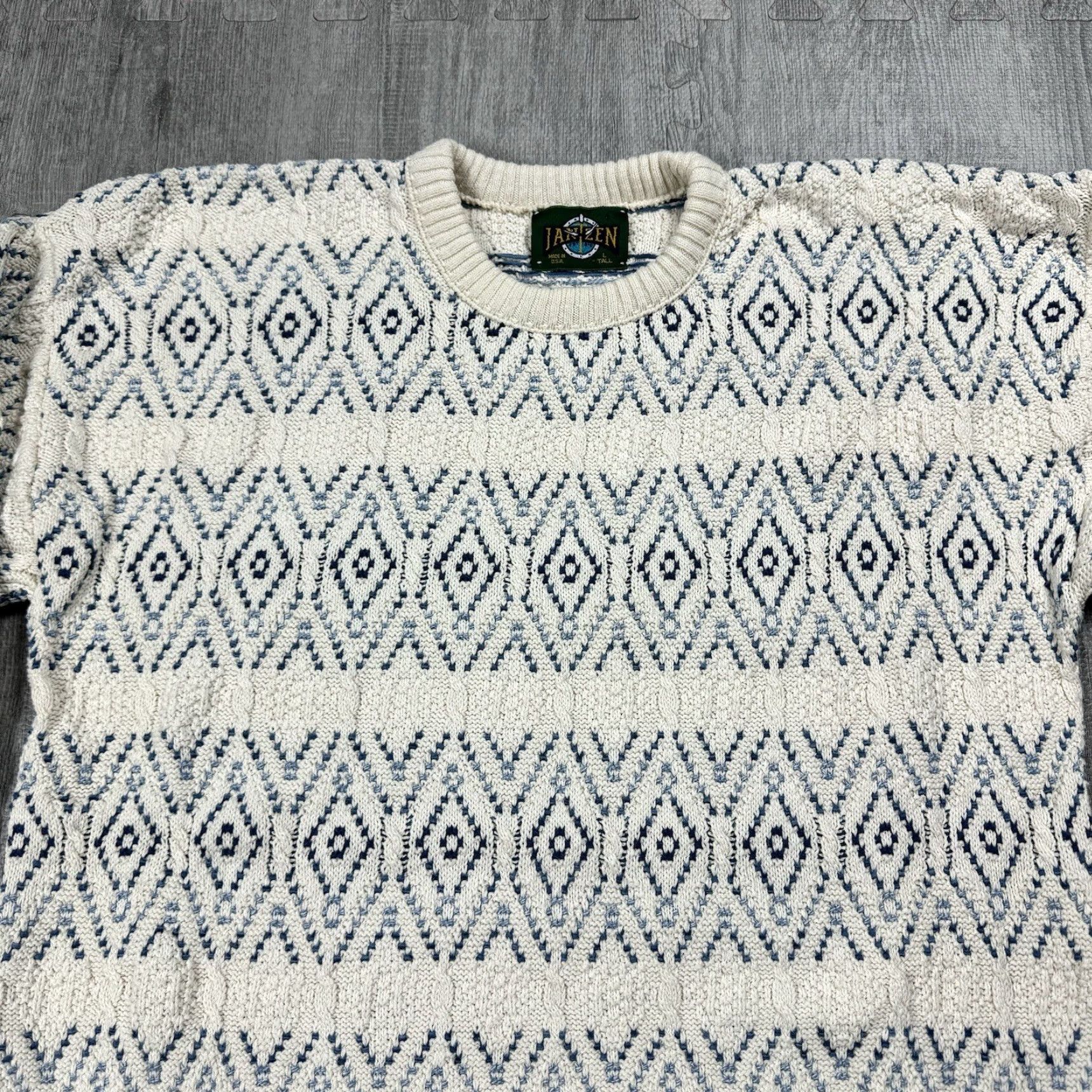 Jantzen VINTAGE JANTZEN DAD SWEATER Crew Neck Cotton Blue & White 80s Big & Tall LT USA Mens Size US L / EU 52-54 / 3 - 2 Thumbnail