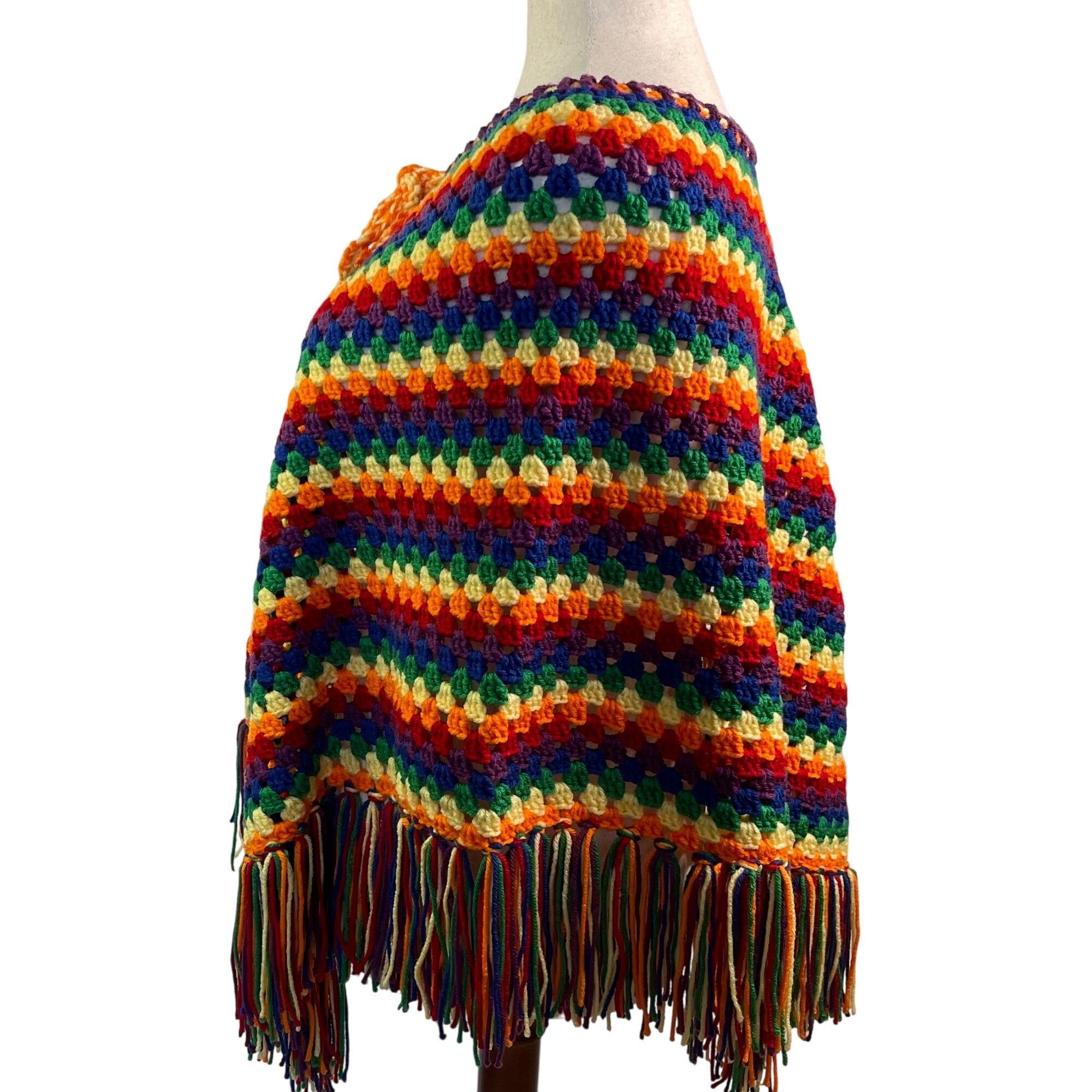 Handmade Crochet Poncho Fringed Rainbow Color Granny Square Stitch Un Size ONE SIZE - 6 Thumbnail