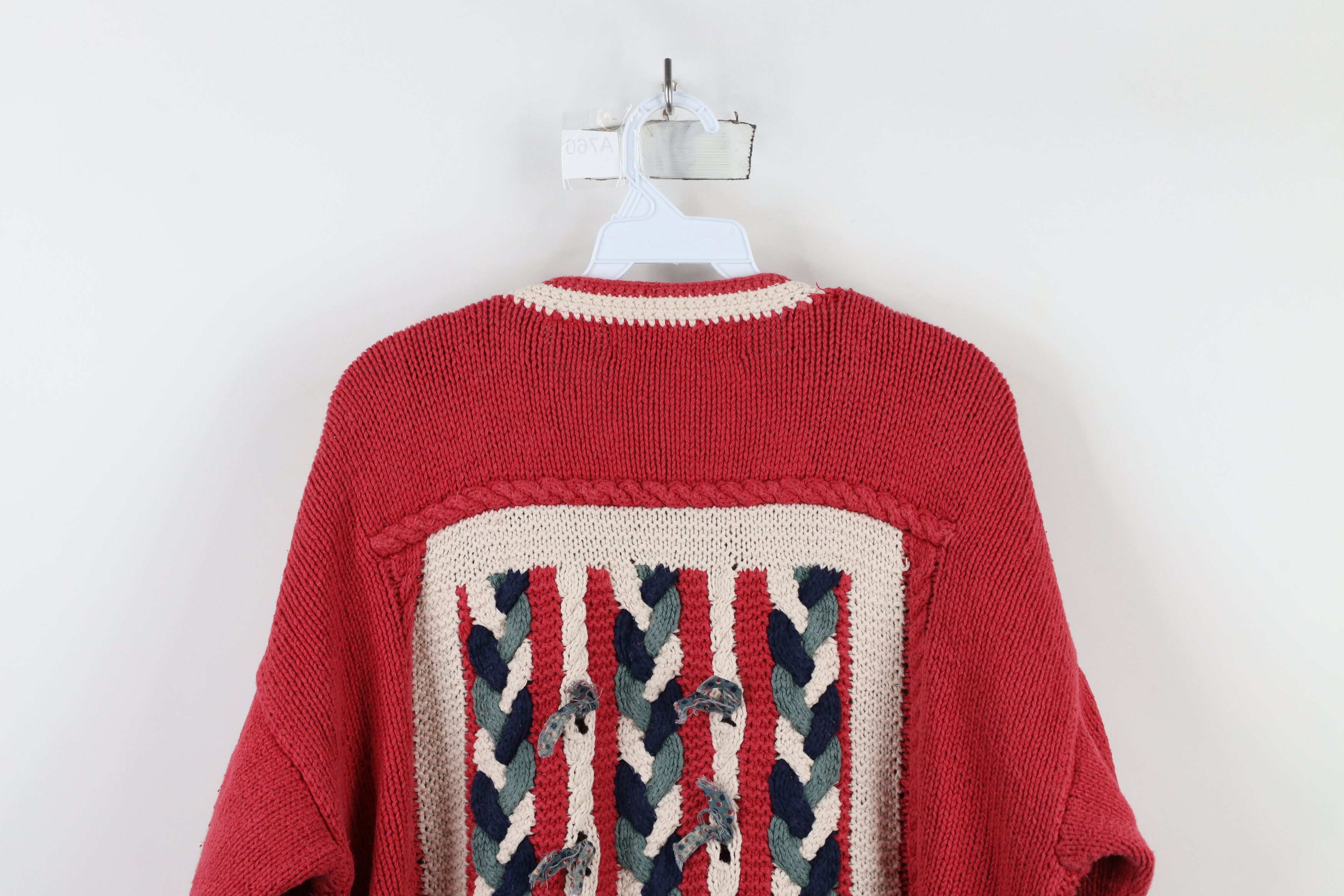 Vintage Vintage 90s Quilt Strip Fringed Chunky Knit Cardigan Sweater Size XL / US 12-14 / IT 48-50 - 12 Thumbnail