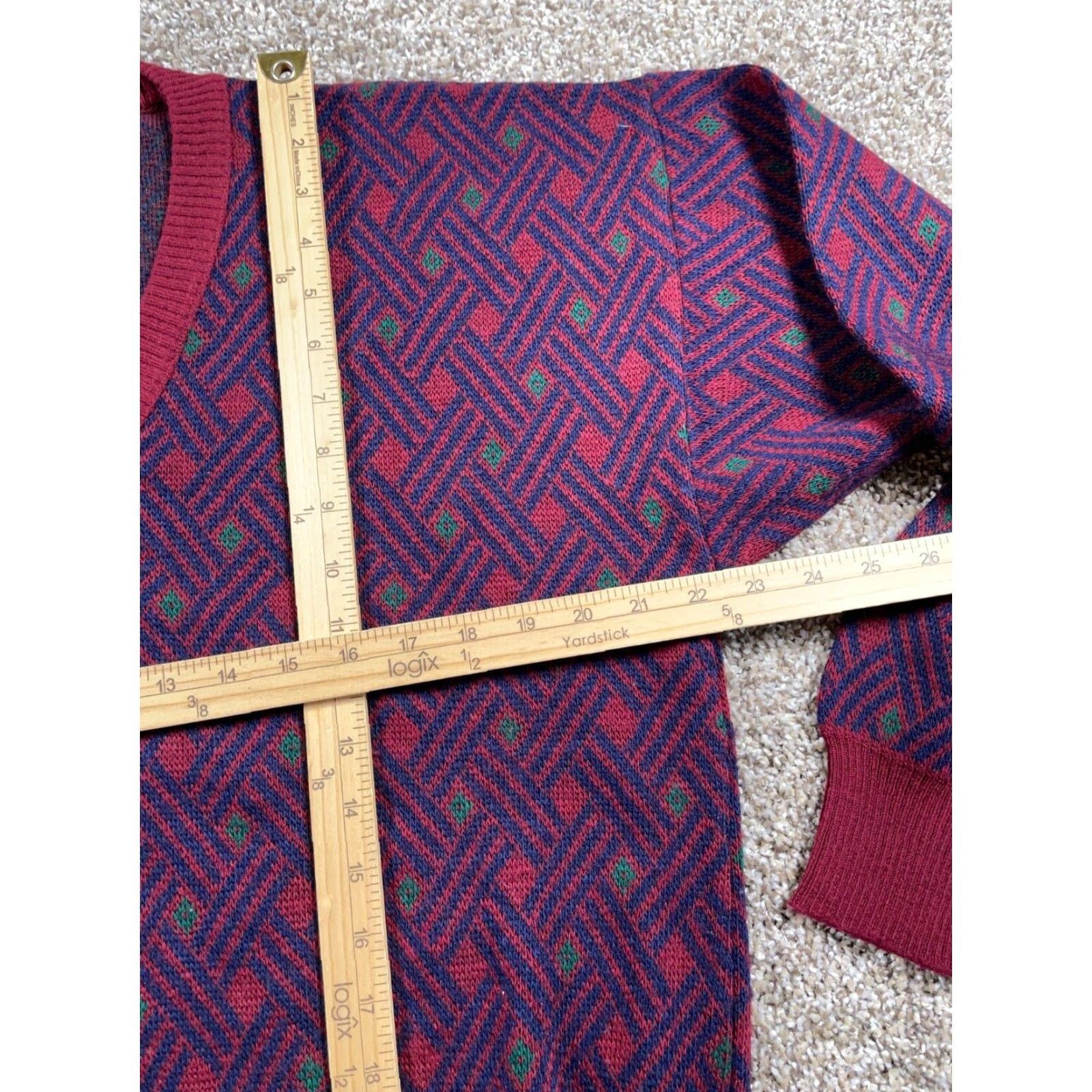 Vintage VINTAGE Sweater Diamond Pattern V-Neck Pullover Adult Large Red Knit Wool-Acrylic Blend Men’s 80s Retro Clothing Size US L / EU 52-54 / 3 - 6 Thumbnail