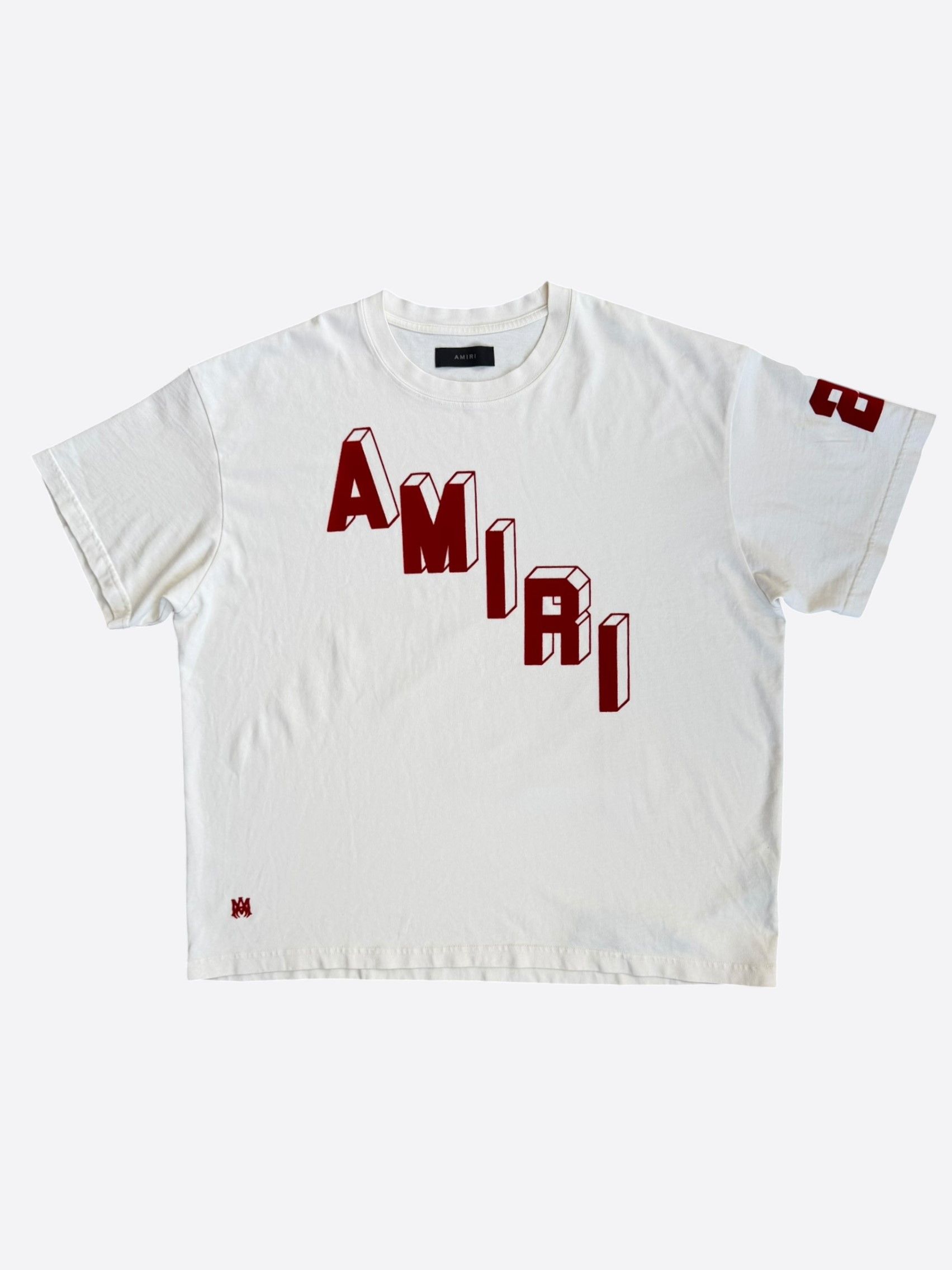 Amiri Amiri White & Red Flocked Logo T-Shirt | Grailed