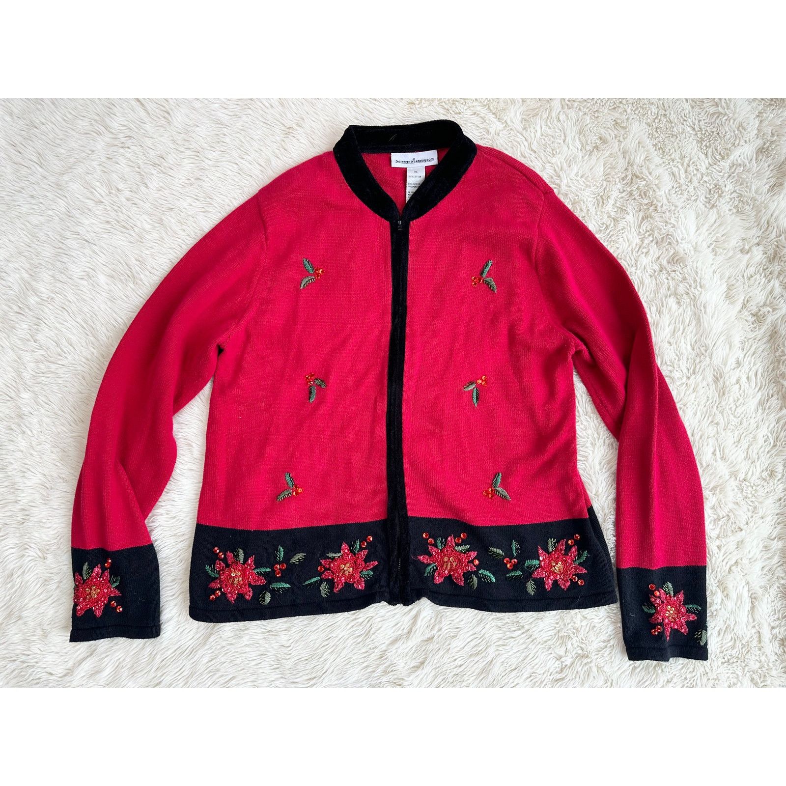Serengeti Y2K Red Poinsettia Zip Holiday Christmas Cardigan XL Size XL / US 12-14 / IT 48-50 - 3 Thumbnail