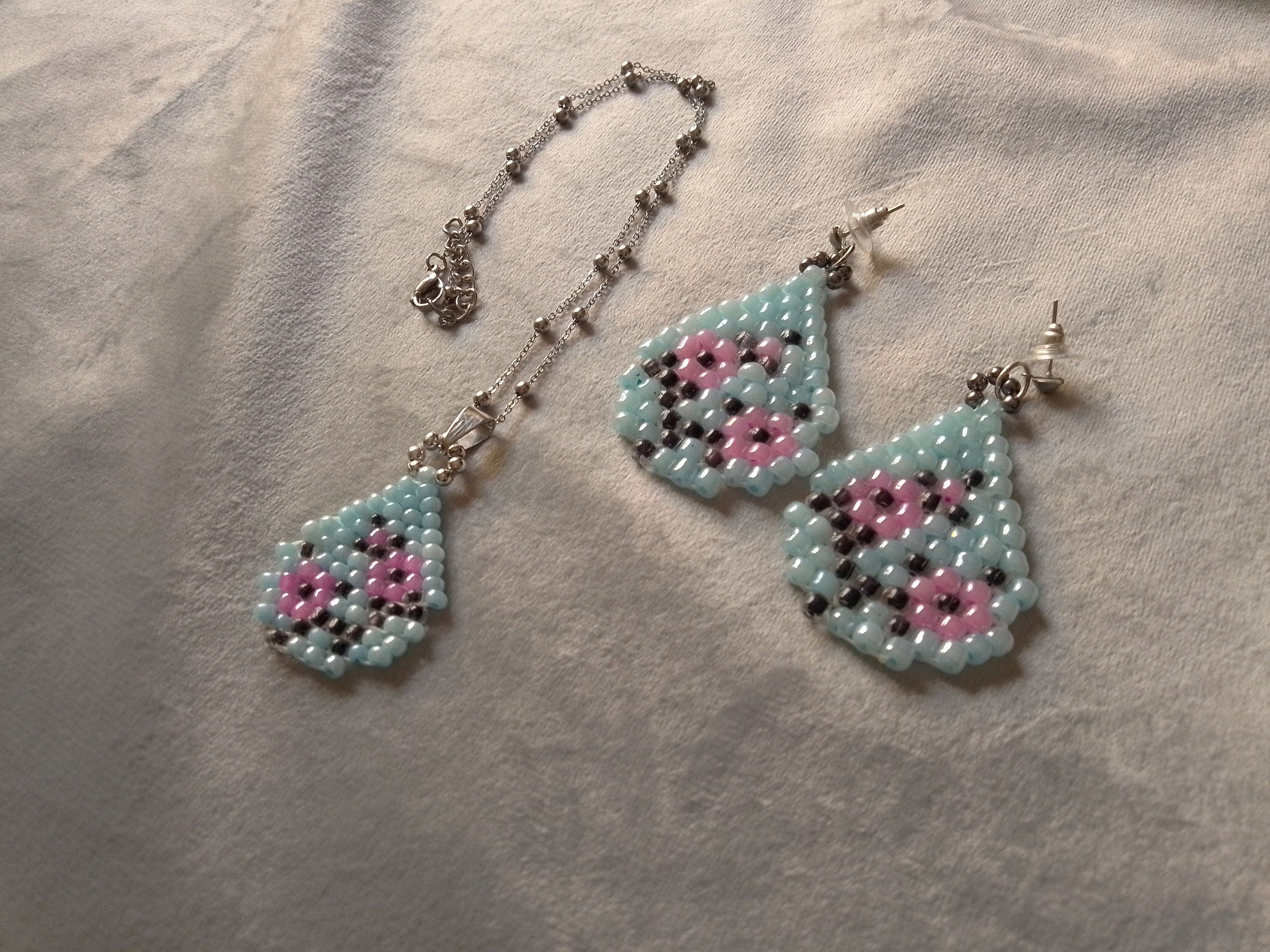 Handmade Necklace Pendant Earrings Teardrop Japanese Flower Pattern Size ONE SIZE - 1 Thumbnail