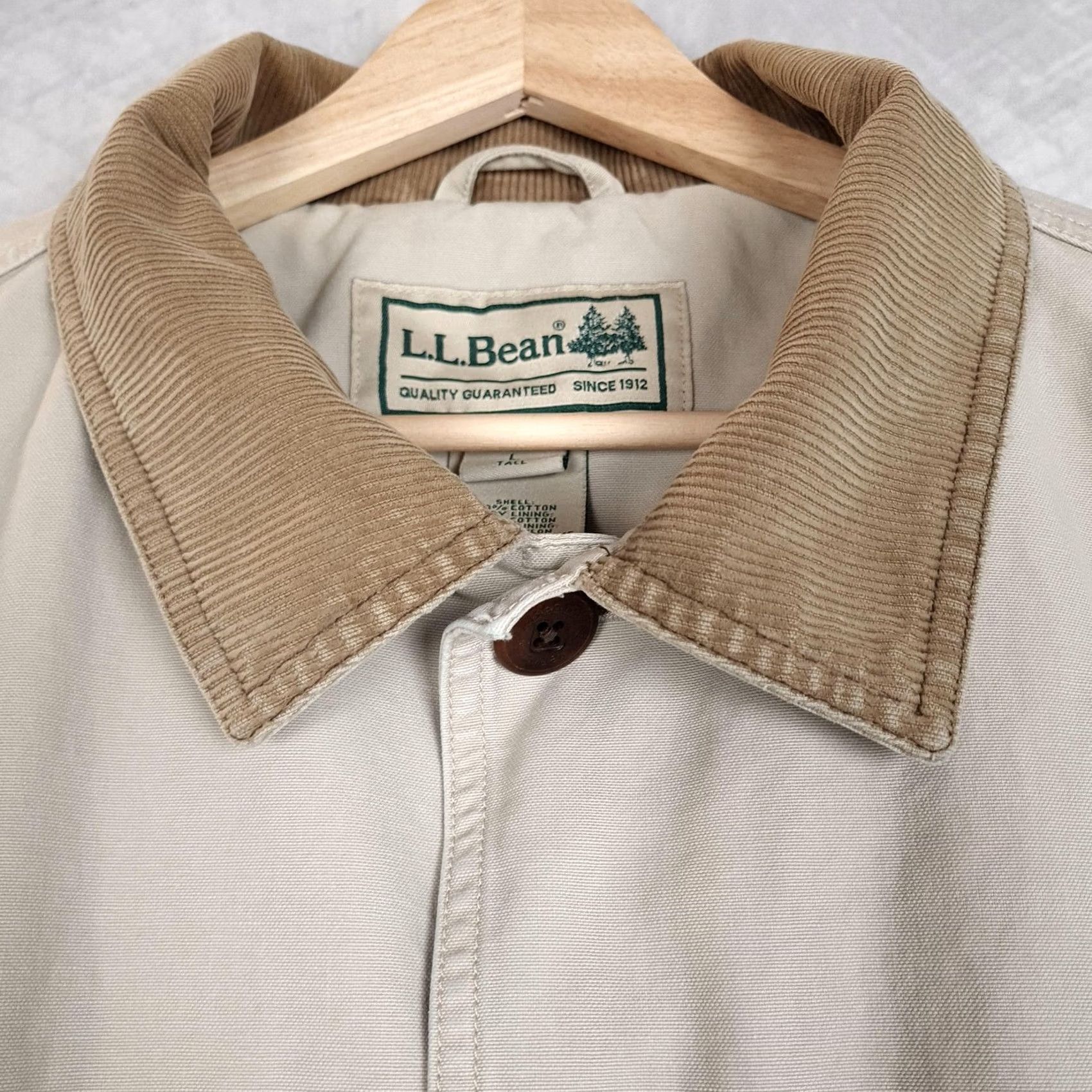 Vintage LL Bean Barn Coat Mens LT Beige Canvas Corduroy Collar Lined Workwear Overcoat Button Front Size US L / EU 52-54 / 3 - 3 Thumbnail