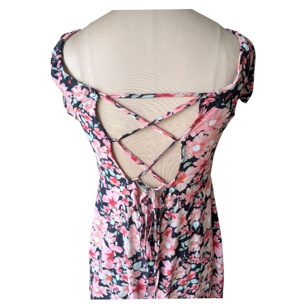 Vintage Floral Black Pink Hi Lo Midi Dress Lace Up Back Flutter Sleeve Sz L Whimsigoth Size L / US 10 / IT 46 - 3 Thumbnail