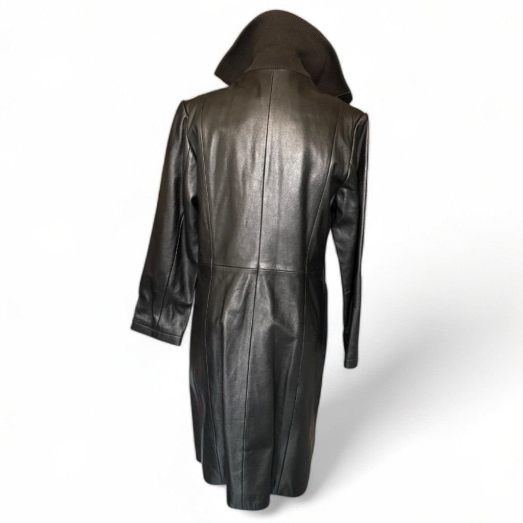 Vintage Long Leather Coat Knit Collar Vintage Black Large Unisex Size L / US 10 / IT 46 - 2 Thumbnail
