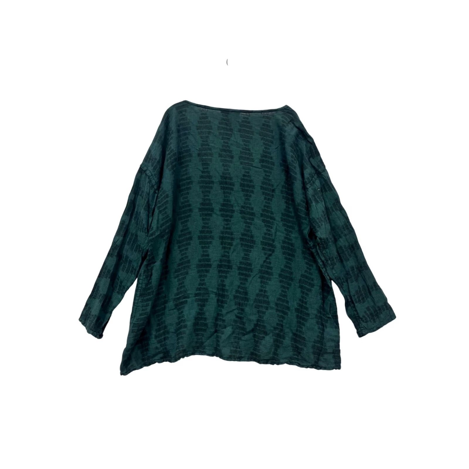 FLAX FLAX Blouse Long Sleeve Top Unisex Adults L Green Linen-Cotton Blend Patterned 167A Size L / US 10 / IT 46 - 2 Thumbnail