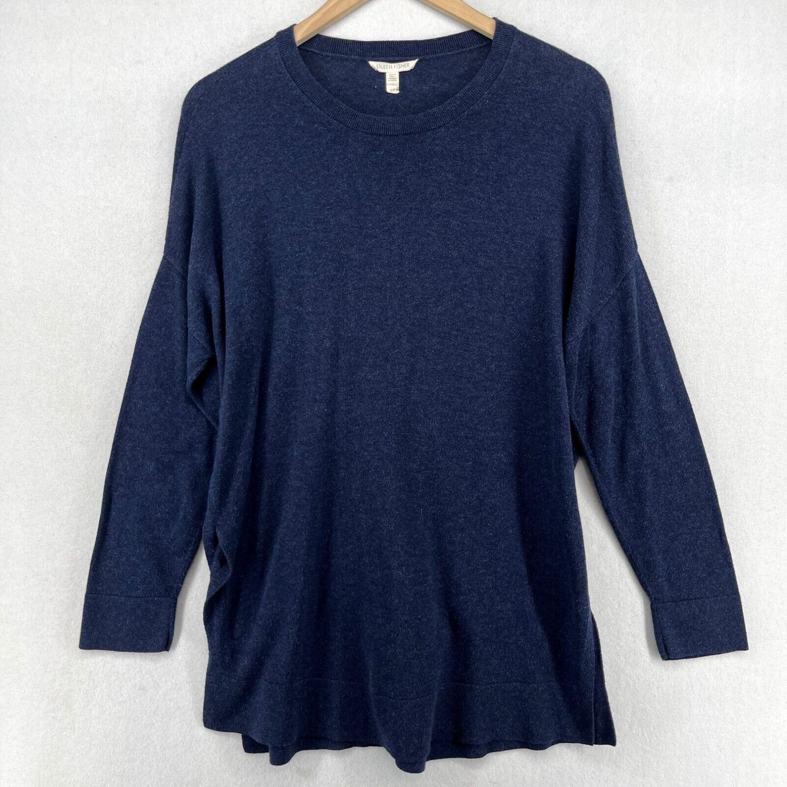 image of Eileen Fisher Sweater S Organic Cotton Knit Tunic Crew Neck Pullover Blue in White, Women's (Size S