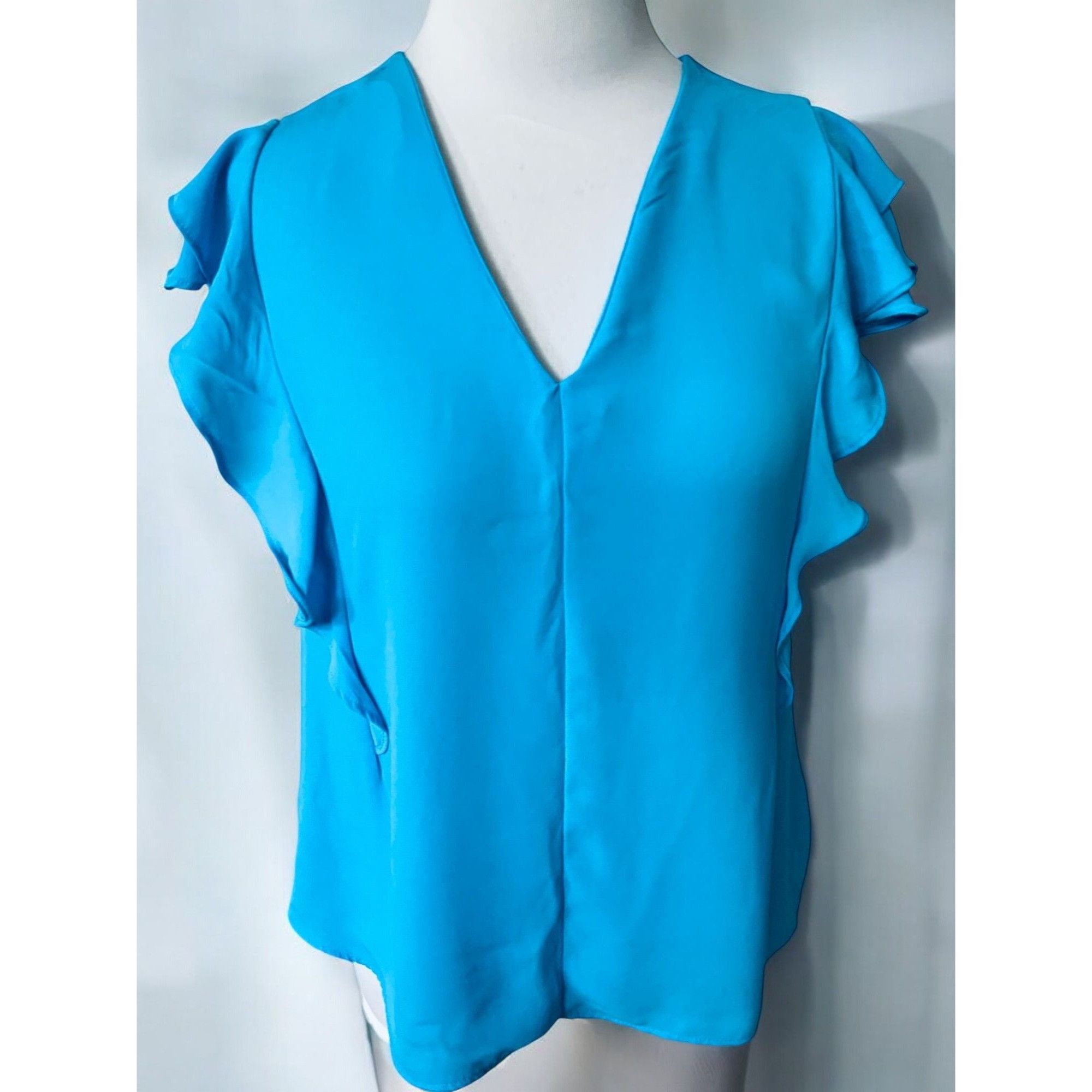 Ann Taylor Ann Taylor Womens Turquoise Cap Ruffle Sleeve VNeck Top XS Size XS / US 0-2 / IT 36-38 - 2 Thumbnail