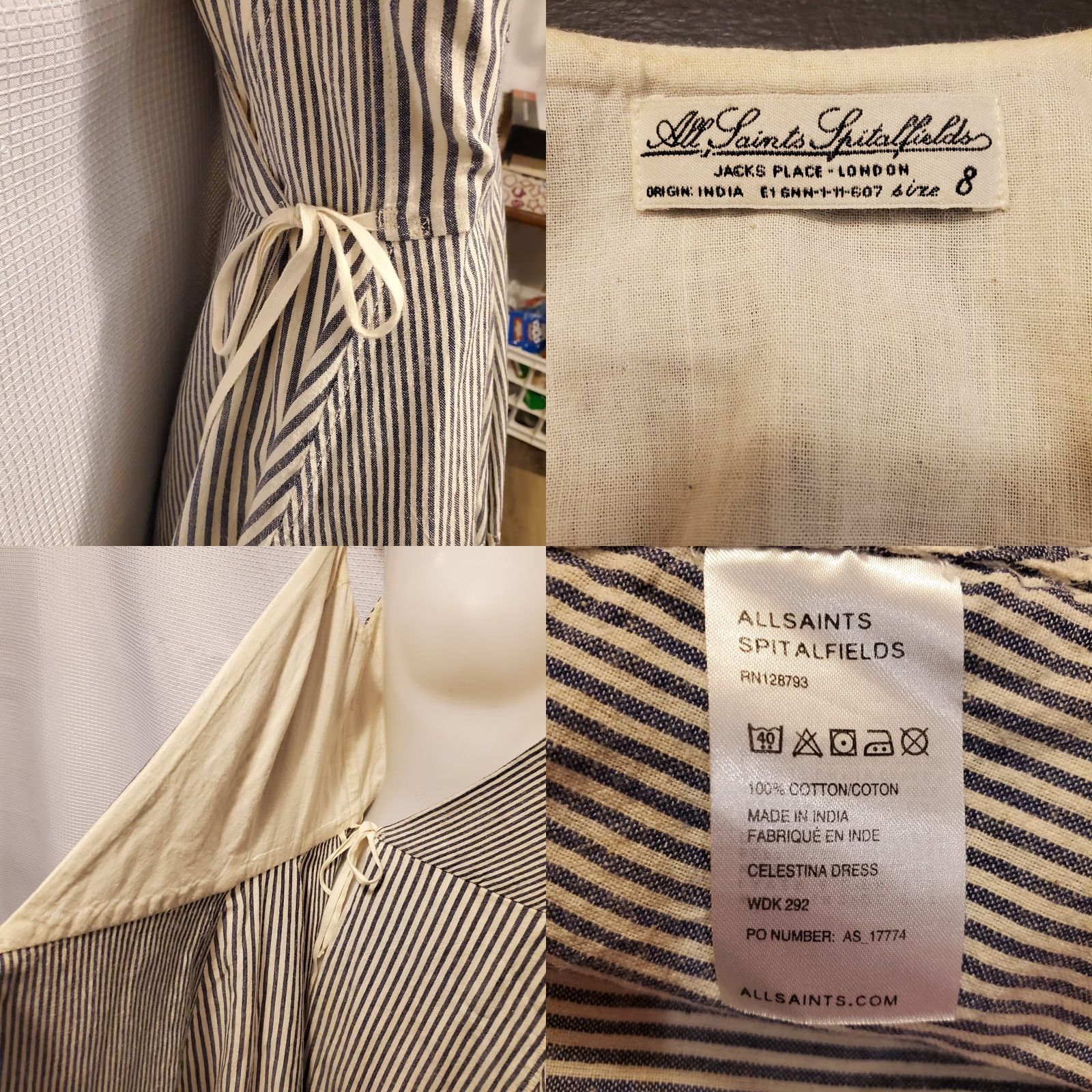 Allsaints All Saints Celestina Linen Wrap Dress Sz 8 Blue And Cream Ticking Strip *READ Size M / US 6-8 / IT 42-44 - 9 Thumbnail