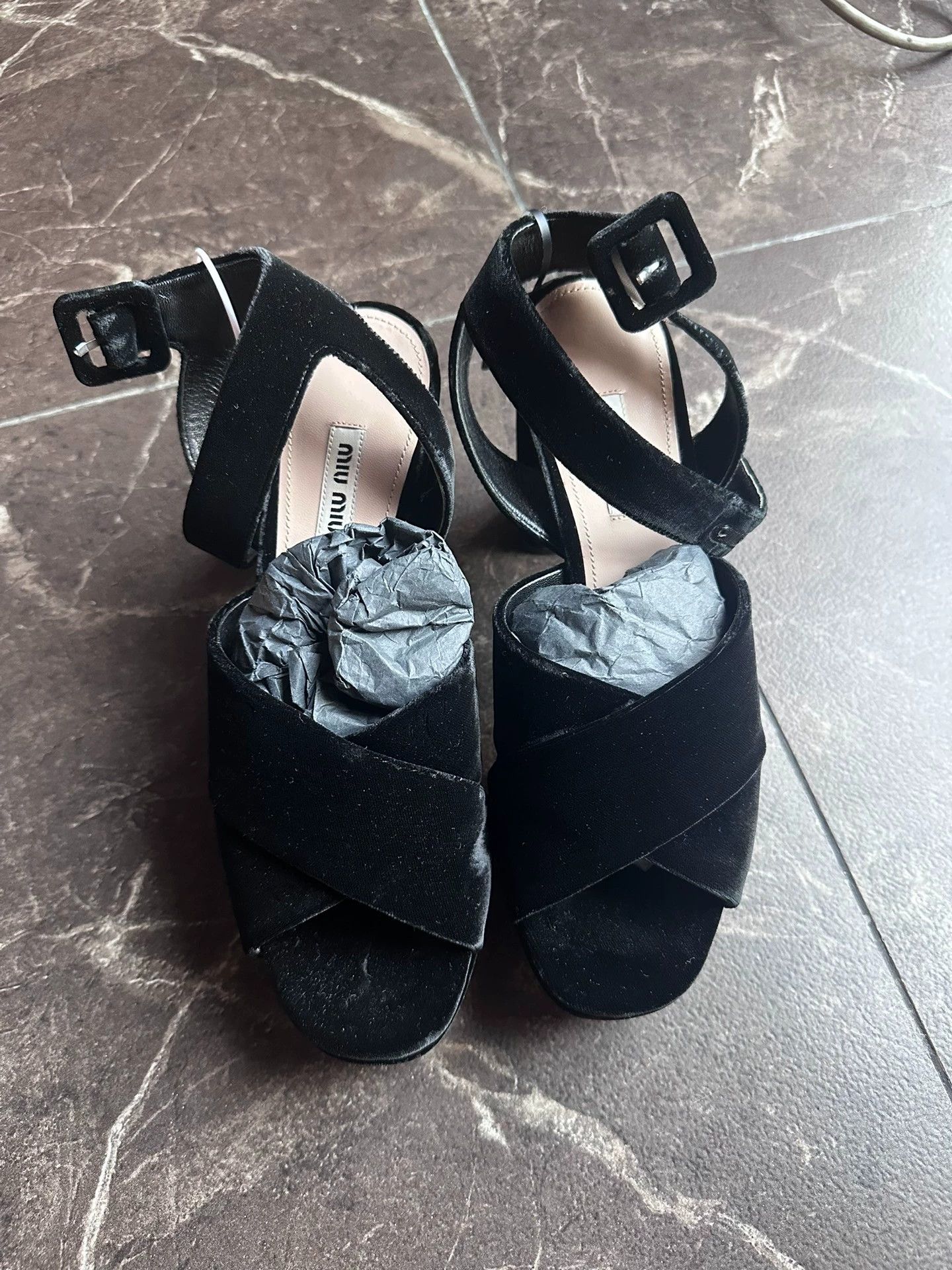 Miu Miu MIU MIU Jodie Open Toe Platform Heels Black Velvet 37.5 Size US 7 / IT 37 - 2 Thumbnail