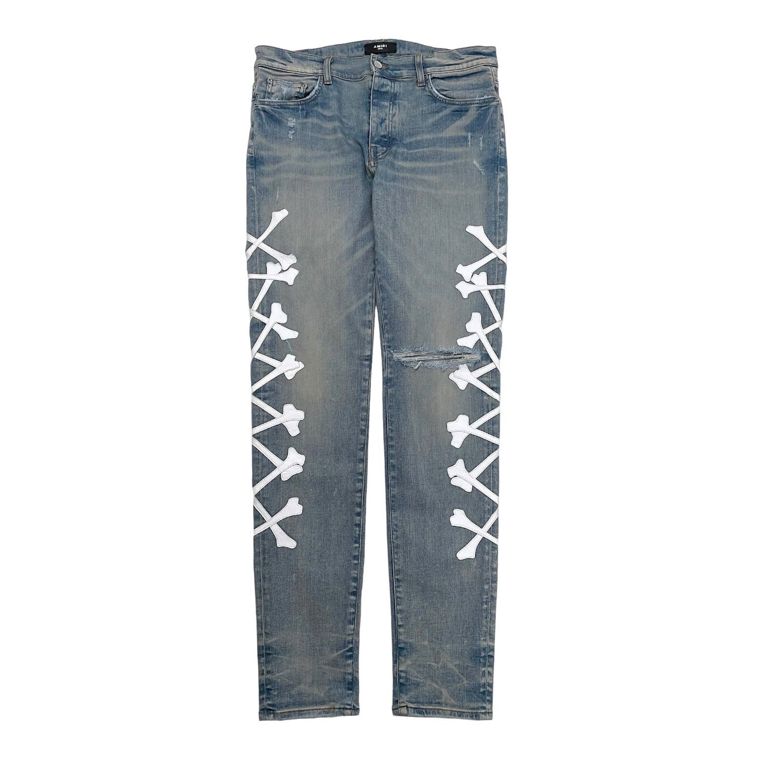 image of Amiri White Bones Applique Jeans Clay Indigo (Rodeo Exclusiv, Men's (Size 36)