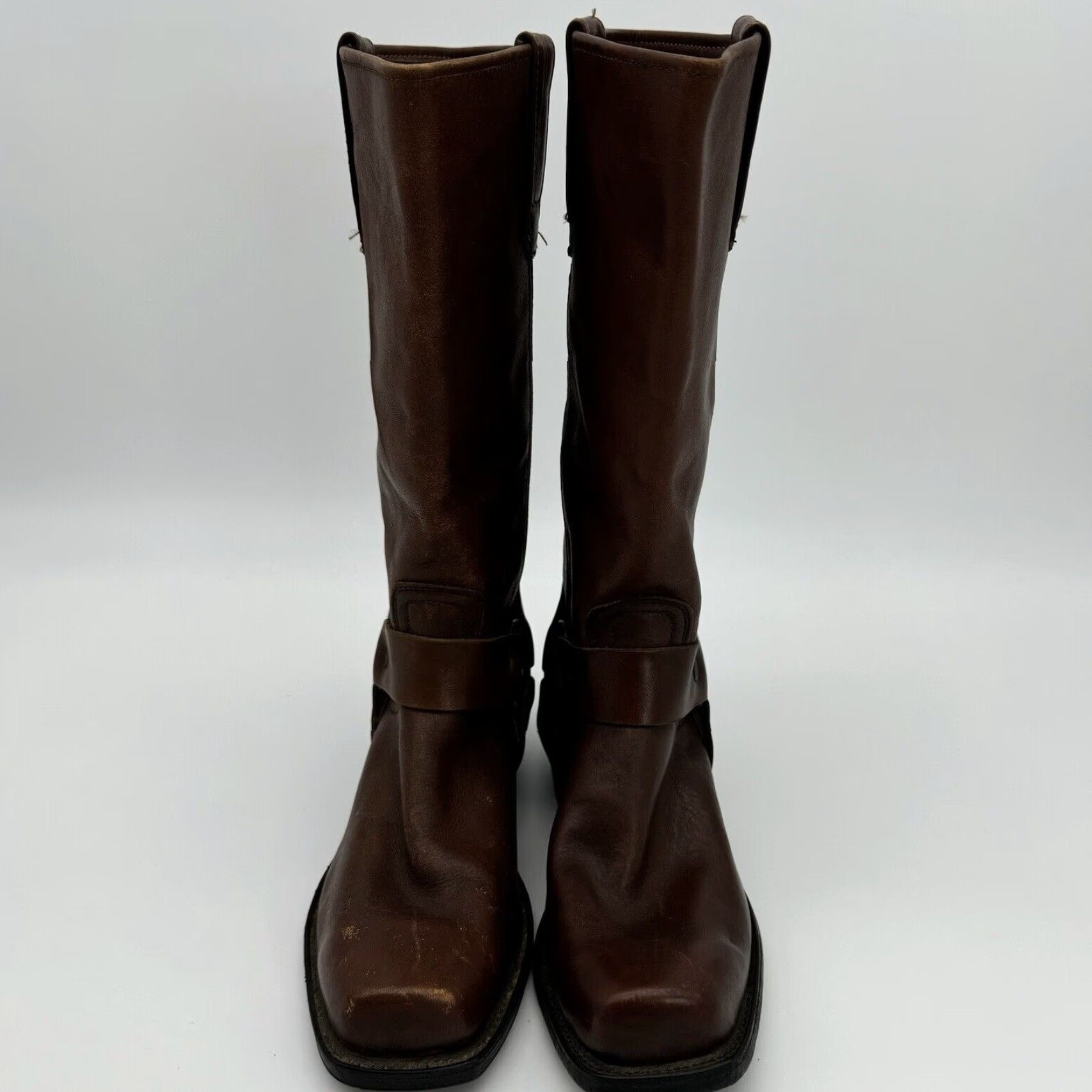 Vintage VINTAGE 60s 70s Harness Cowboy Boots Square Toe Engineer Stacked Heel Men’s 7.5 Brown Leather Size US 8 / EU 41 - 2 Thumbnail
