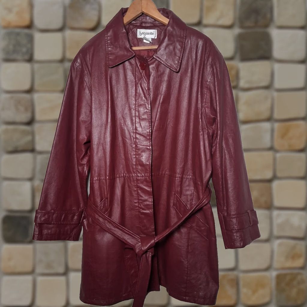 Vintage VINTAGE Bagatelle Jacket Leather Burgundy Button Up Belted Adult Womens Size 18 Size XXL / US 16-18 / IT 52-54 - 1 Thumbnail