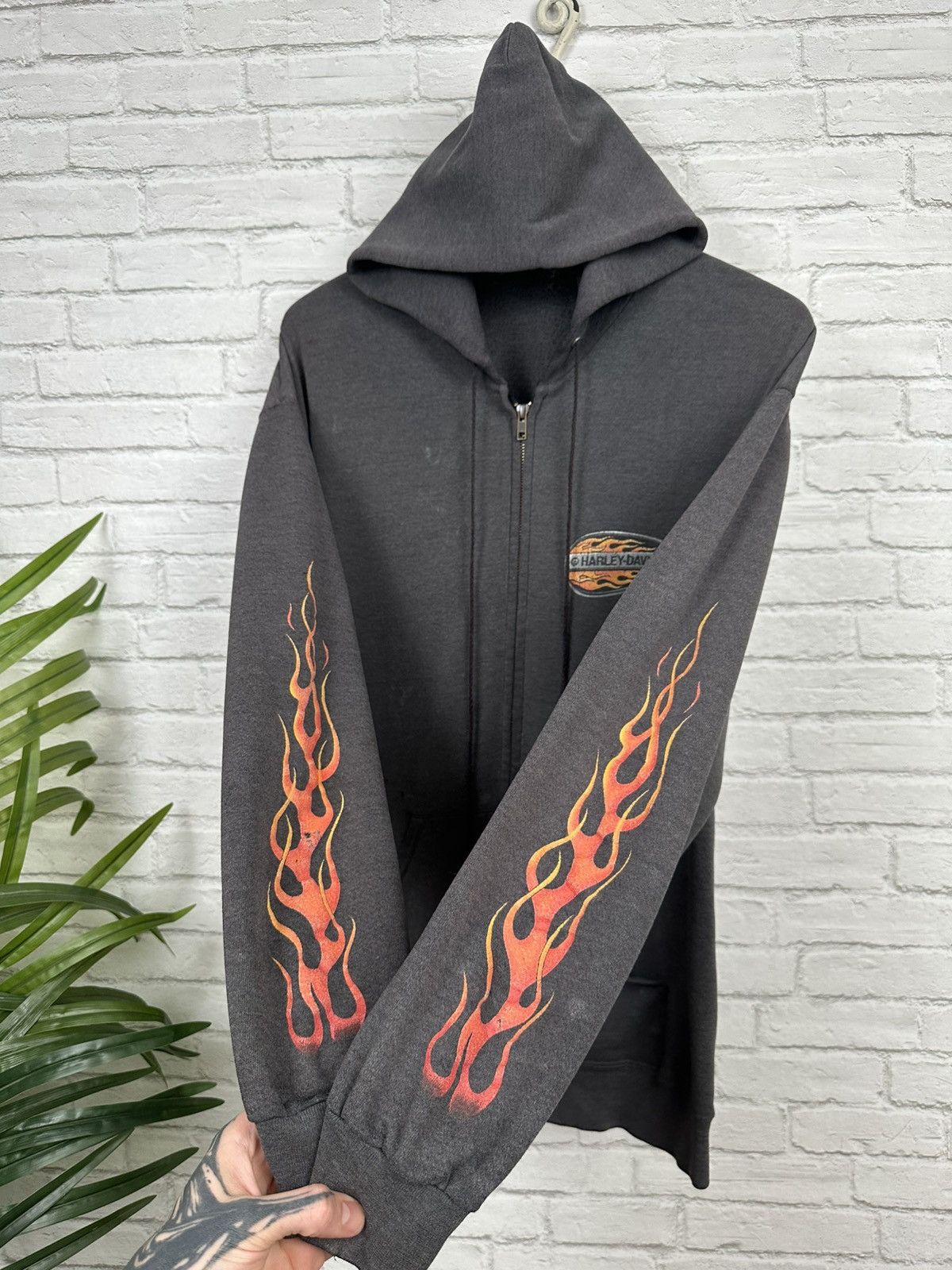 Harley Davidson (XL) SICK FADED VINTAGE Flames Harley Davidson Zip Up Hoodie Size US XL / EU 56 / 4 - 8 Thumbnail