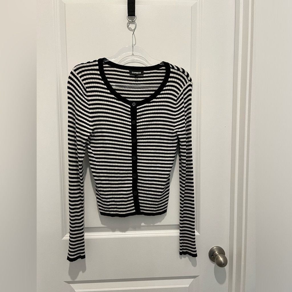 Express Gently Worn Express Black and White Strip Cardigan Size L / US 10 / IT 46 - 1 Thumbnail
