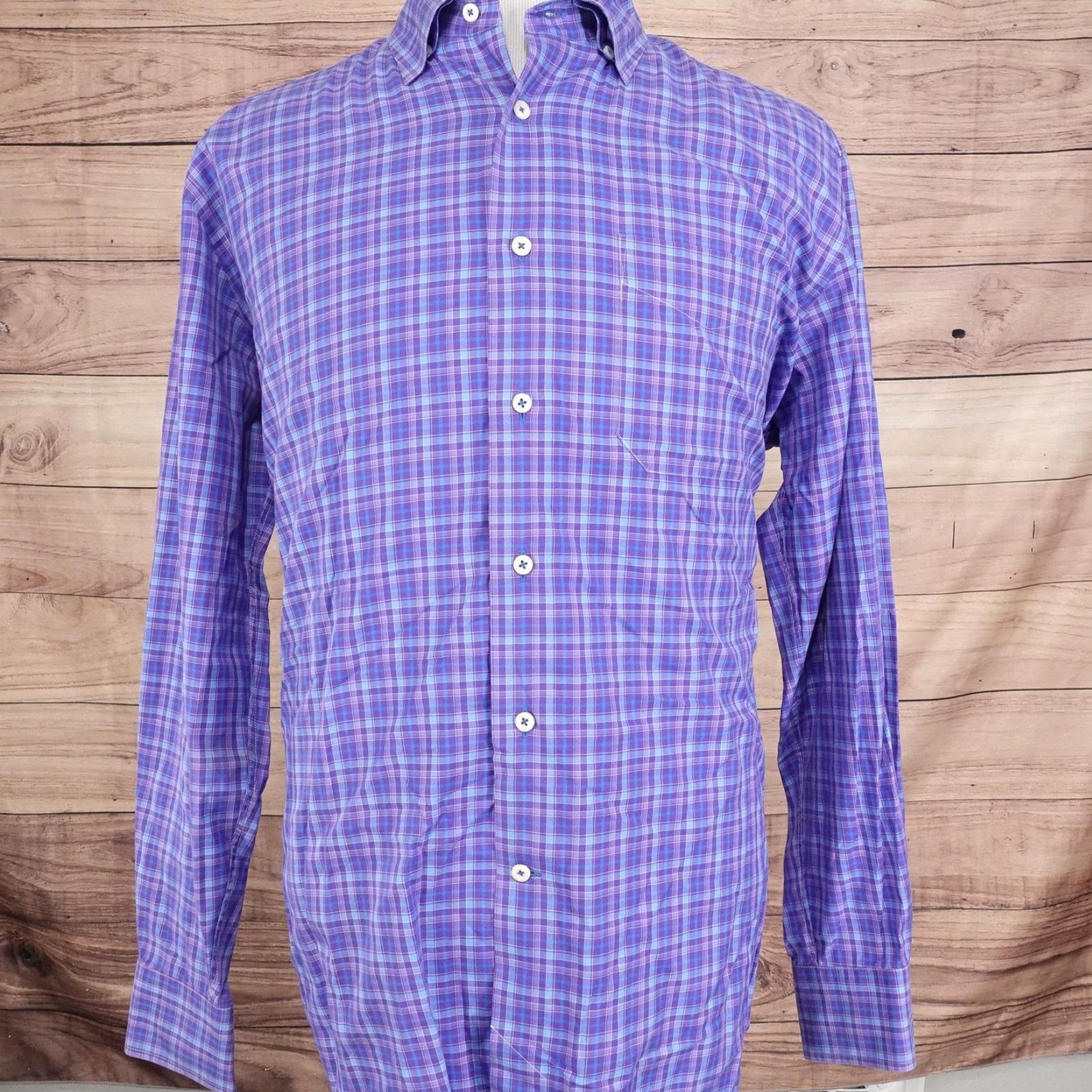 David Donahue DAVID DONAHUE Dress Shirt Mens XL Purple Blue Plaid Long Sleeve Cotton Button-Down Size US XL / EU 56 / 4 - 3 Thumbnail