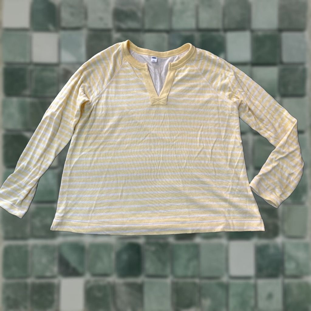 Old Navy VINTAGE OLD NAVY Shirt Womens Large Long Sleeve Yellow White Stripes Cotton V Neck Blouse Women L Farbe: Yellow Size L / US 10 / IT 46 - 1 Thumbnail