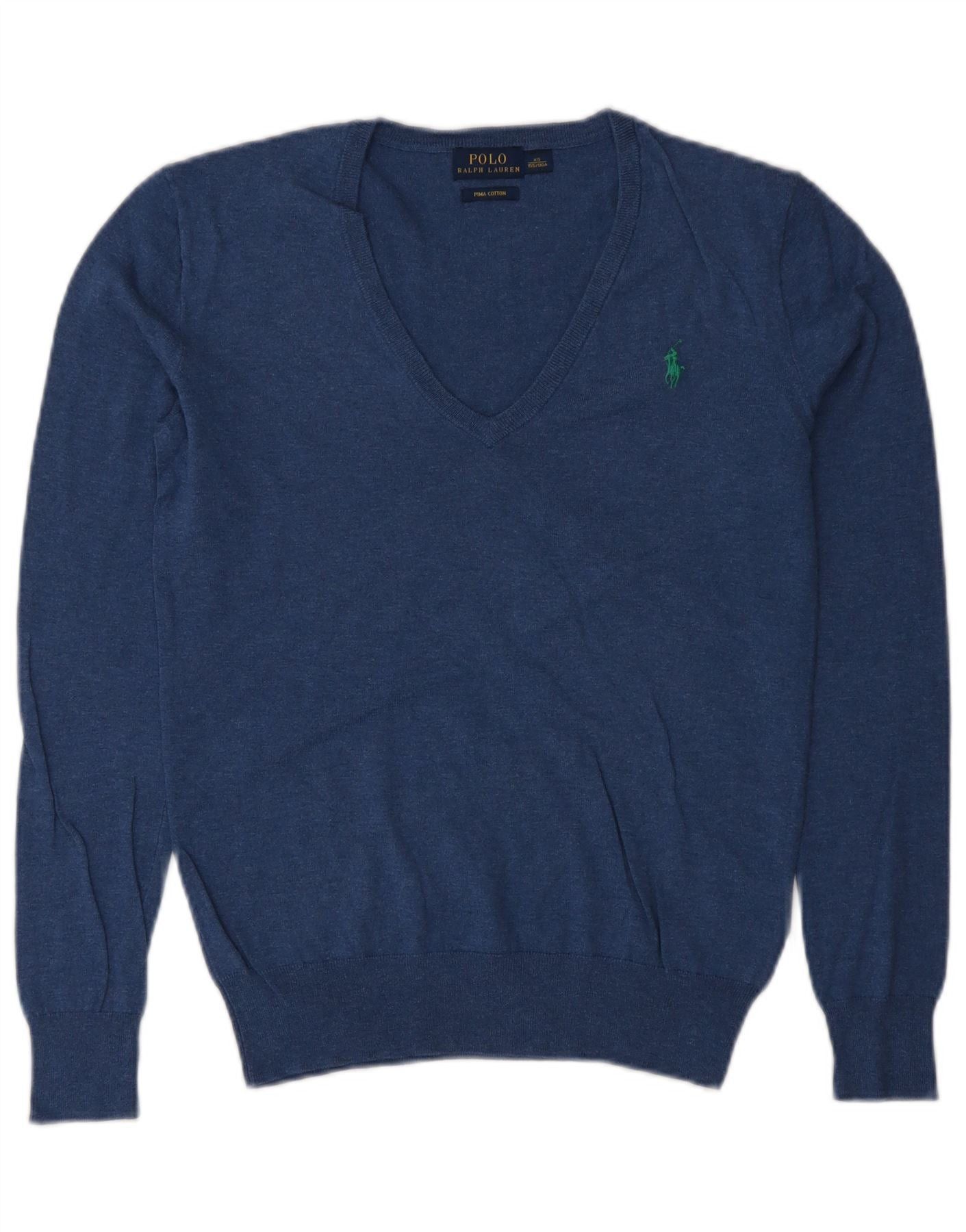 Polo Ralph Lauren Womens V-Neck Jumper Sweater UK 6 XS Navy Blue Cotton Size XS / US 0-2 / IT 36-38 - 1 Thumbnail