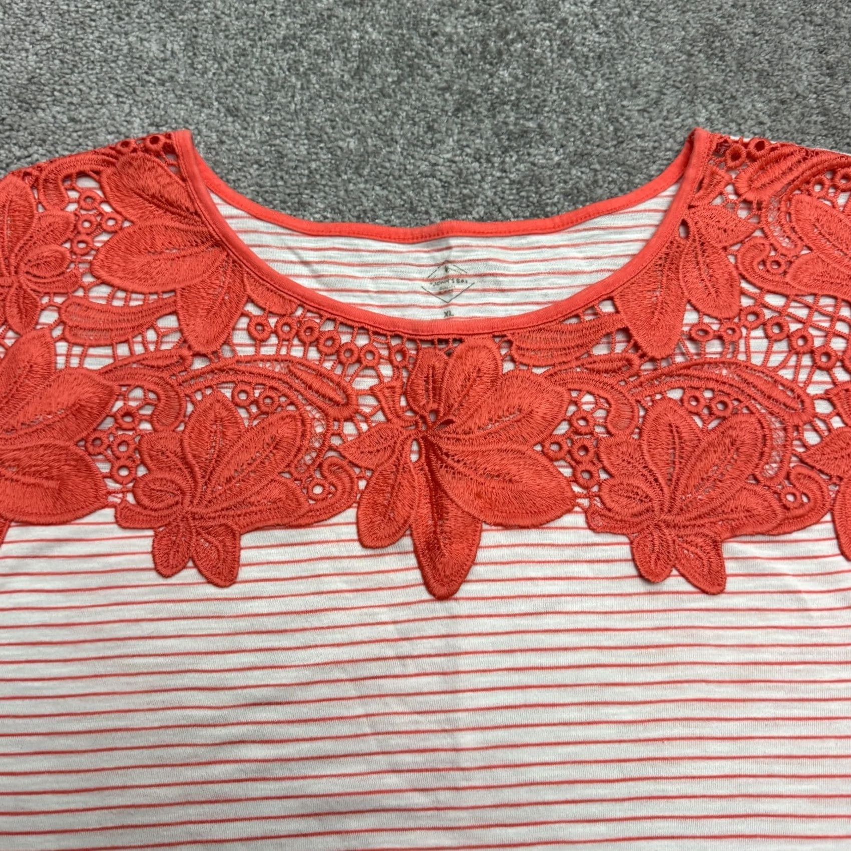 Vintage St. John's Bay Blouse Womens XL Orange Striped Crochet Embroidered Knit Round Neck Short Sleeve Size XL / US 12-14 / IT 48-50 - 4 Thumbnail