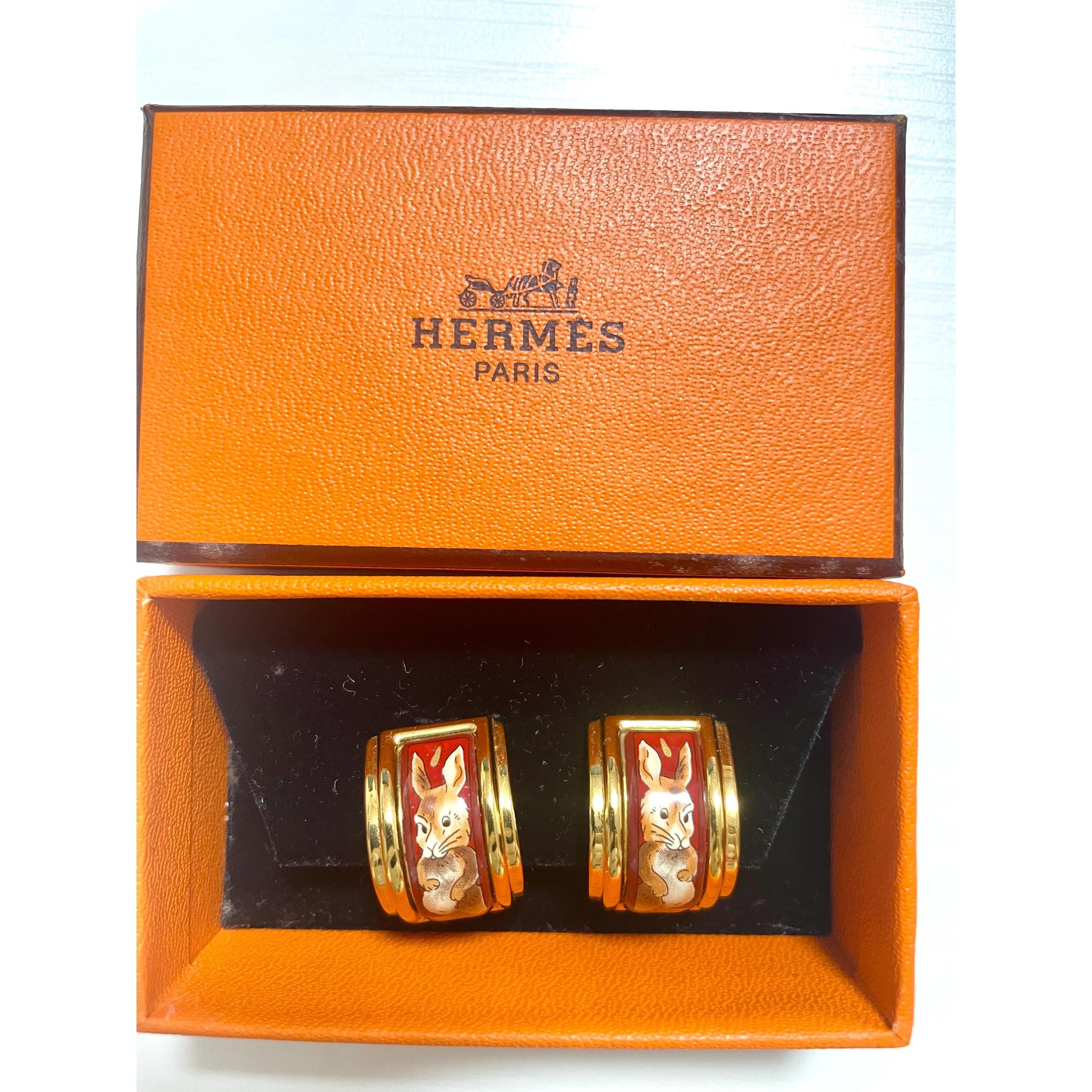 Hermes Vintage Hermes cloisonne enamel golden earrings with rabbit, Size ONE SIZE - 8 Thumbnail