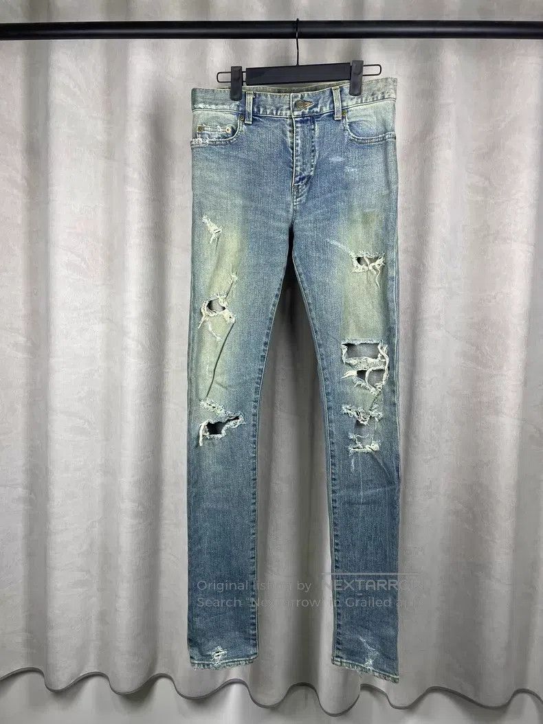 Saint Laurent Paris Blue tie-dye distressed denim pants wi