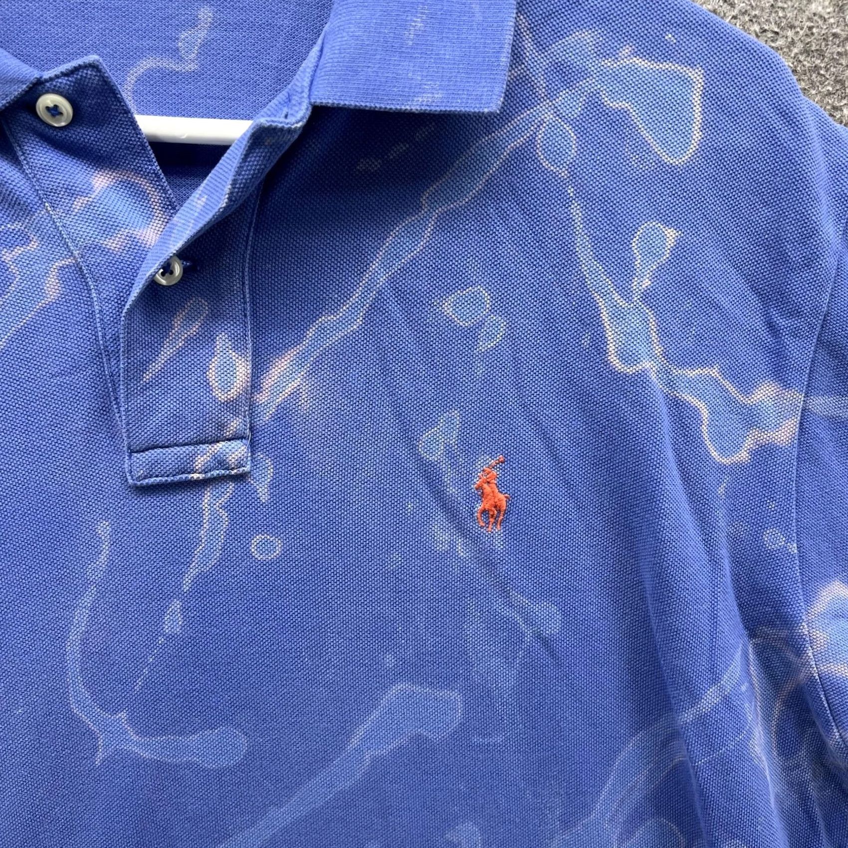 Polo Ralph Lauren VINTAGE Polo Shirt Mens Large Blue Pony Logo Bleach Stained Polo by Ralph Lauren Short Sleeve Knit Casual (Polo) Size US L / EU 52-54 / 3 - 6 Thumbnail