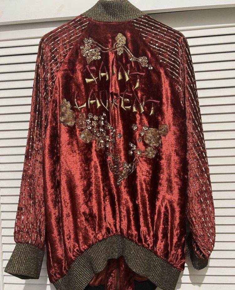 image of Saint Laurent Paris Grail! Saint Laurent Fw19 Oversized Beaded Velvet Red Bomber, Men's (Size Small