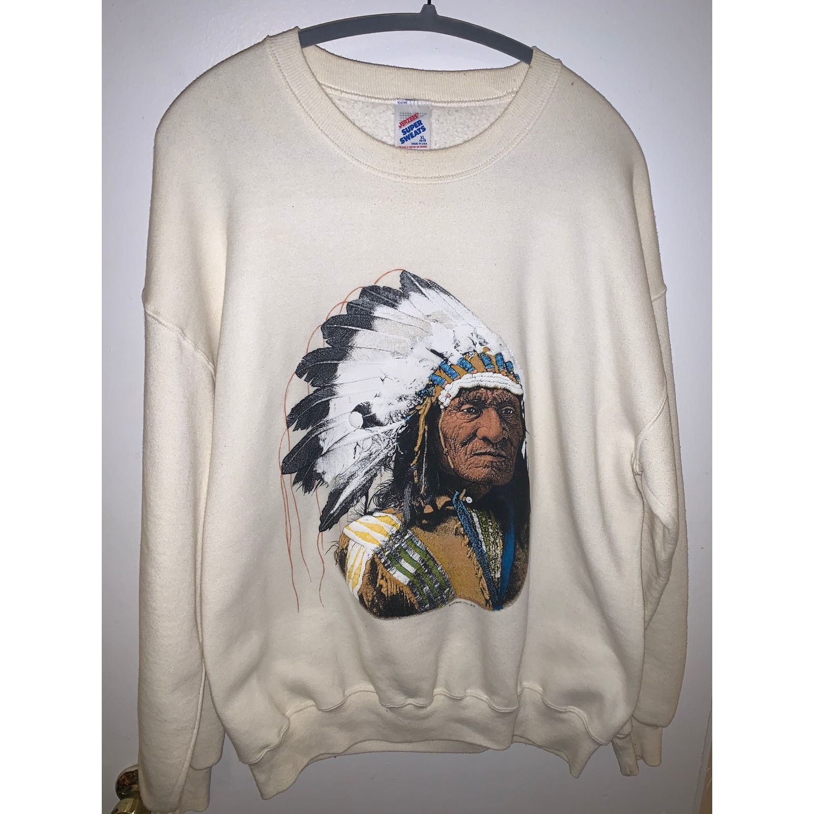 Vintage 90s Native American Graphic Sweatshirt Beige XL Size US L / EU 52-54 / 3 - 2 Thumbnail