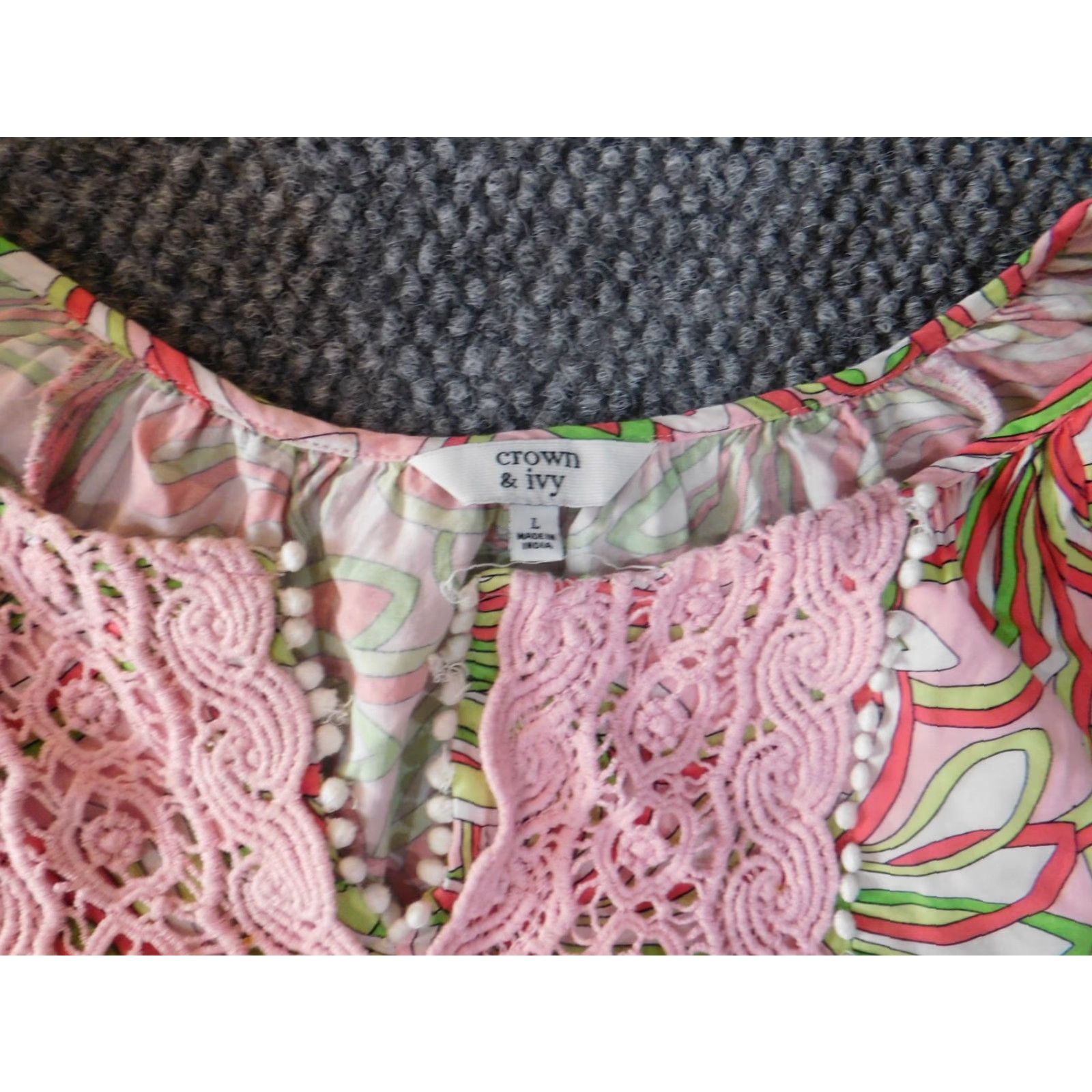 Vintage Crown & Ivy Blouse Women L Green Floral Knit Rayon Round Neck Pullover Casual Long Sleeve Classic Stretch Ladies Size L / US 10 / IT 46 - 4 Thumbnail
