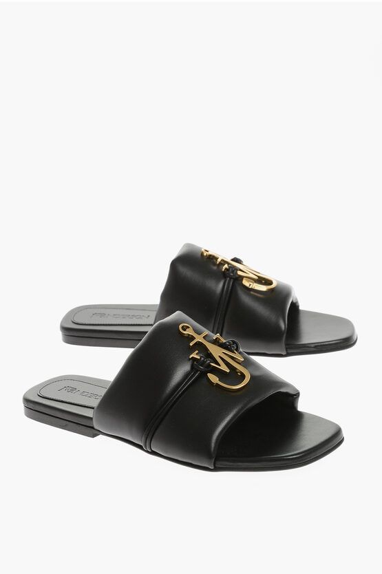 image of J W Anderson Solid Color Faux Leather Sandals With Golden Detail in Black, Women's (Size 8)
