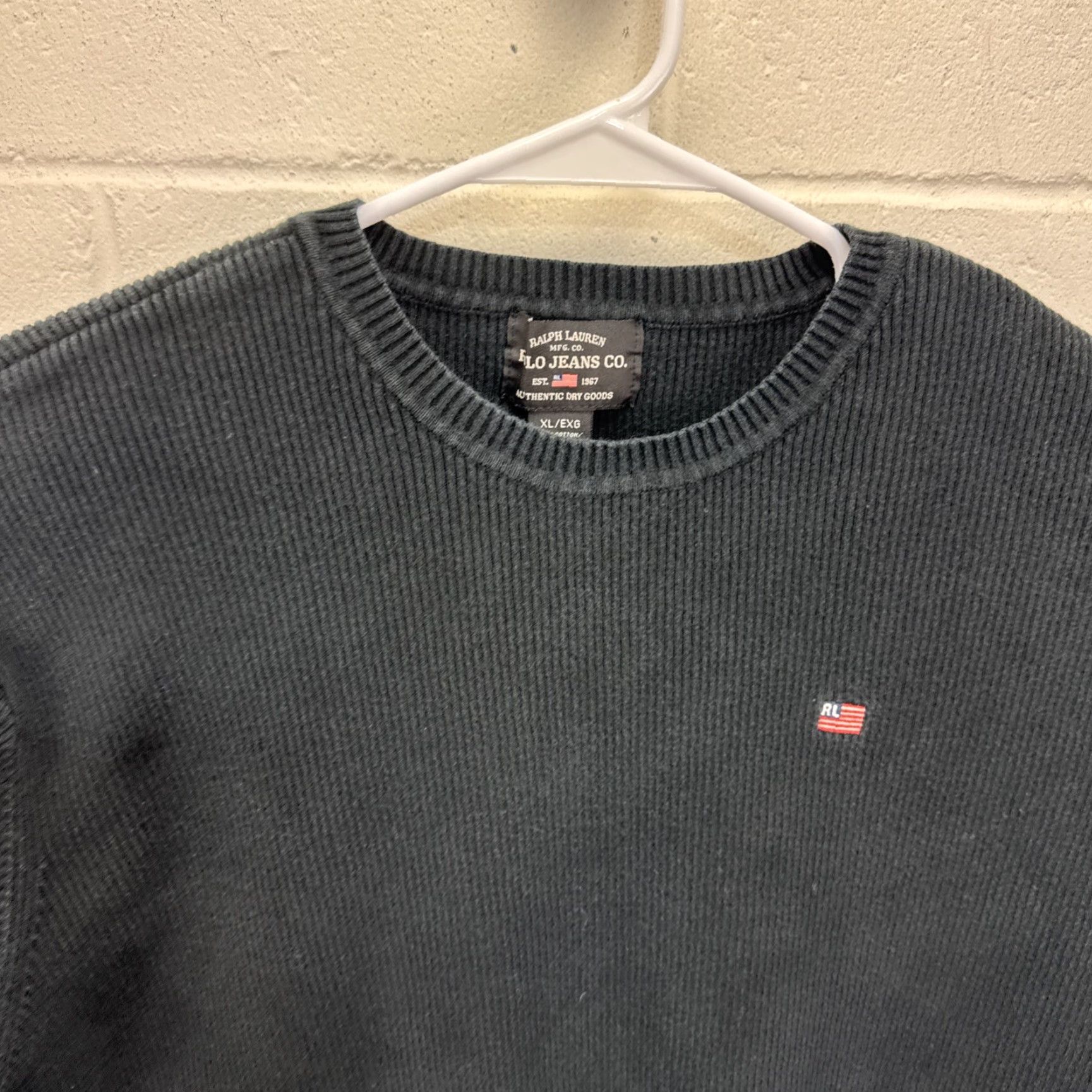 Ralph Lauren VINTAGE Ralph Lauren Polo Jeans Company Men's Ribbed Sweater USA Flag Black XL Crew Neck Pullover Knit Sweatshirt Embroidered Logo Size US XL / EU 56 / 4 - 3 Thumbnail