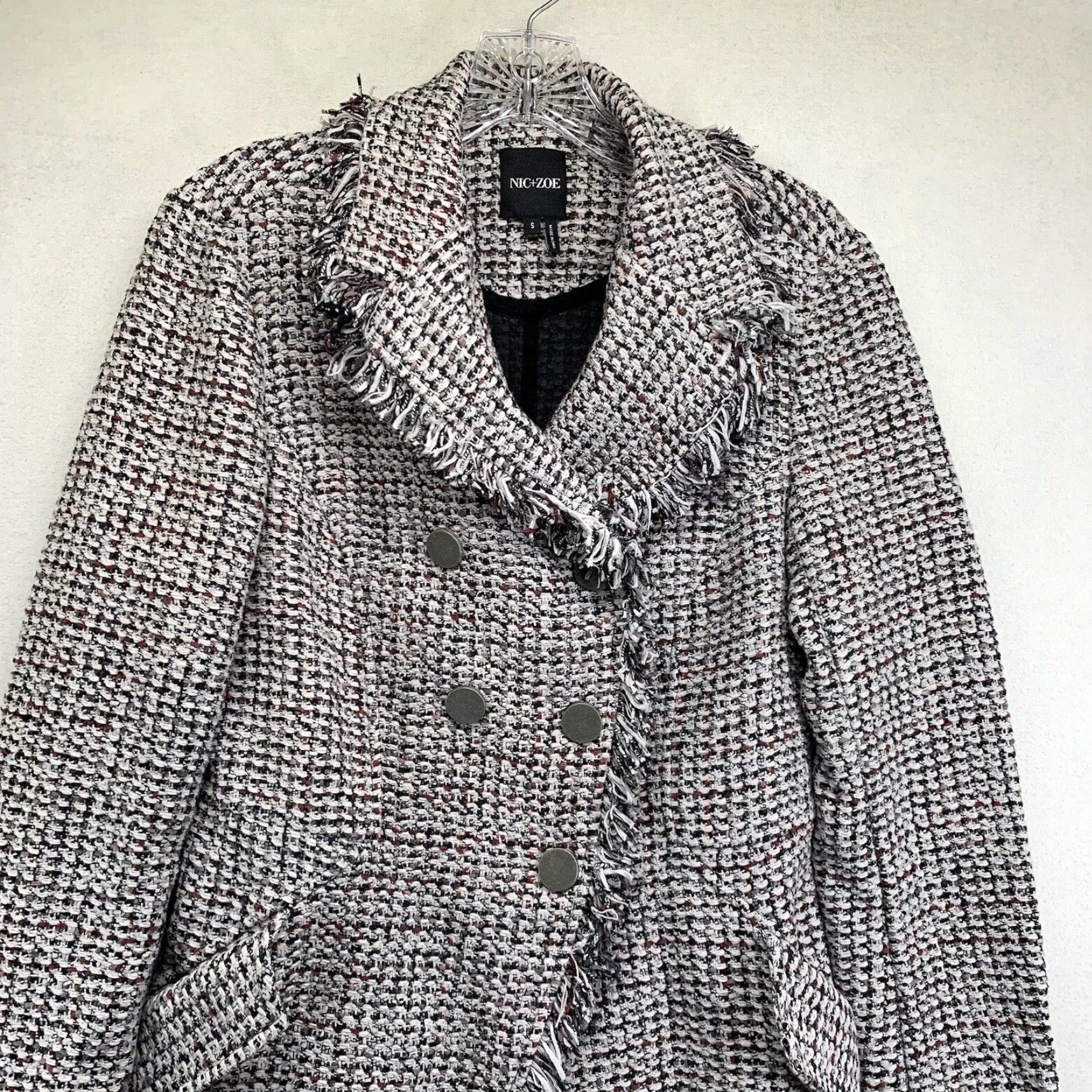 NIC+ZOE NIC+ZOE Women's Tweed Jacket Short Sleeve Fringe Button Fall Winter Casual Business Women's Small Black Grey White Size S / US 4 / IT 40 - 4 Thumbnail